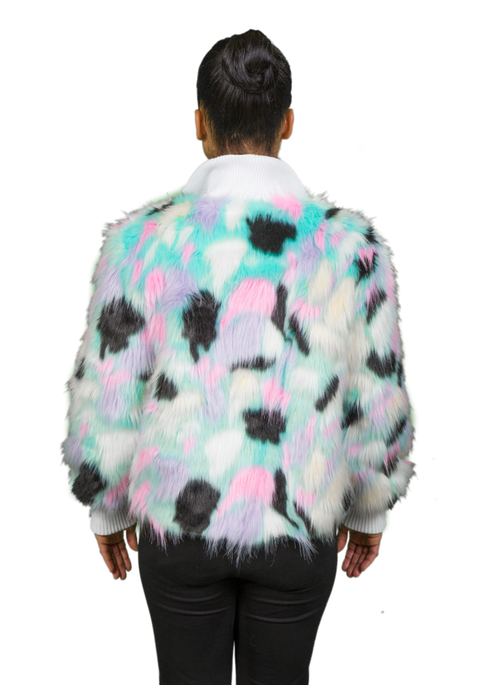 Multicolores Jacket with White Knit Fabric-BACK2 Multicolor Faux Fur Jacket
