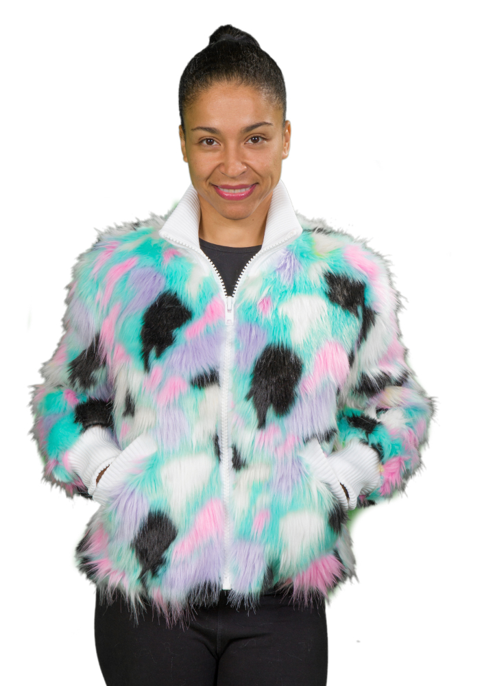 Multicolores Jacket with White Knit Fabric-FRONT Multicolor Faux Fur Jacket