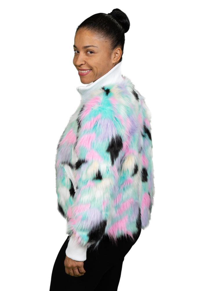 Multicolores Jacket with White Knit Fabric-SIDE LEFT Multicolor Faux Fur Jacket
