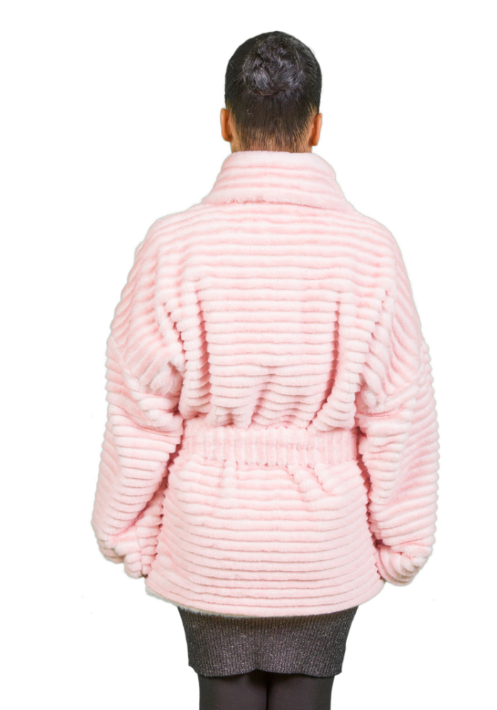 Pink Rabbit Faux Fur Coat-PINK-BACK Pink Ribbed Rabbit Faux Fur Coat