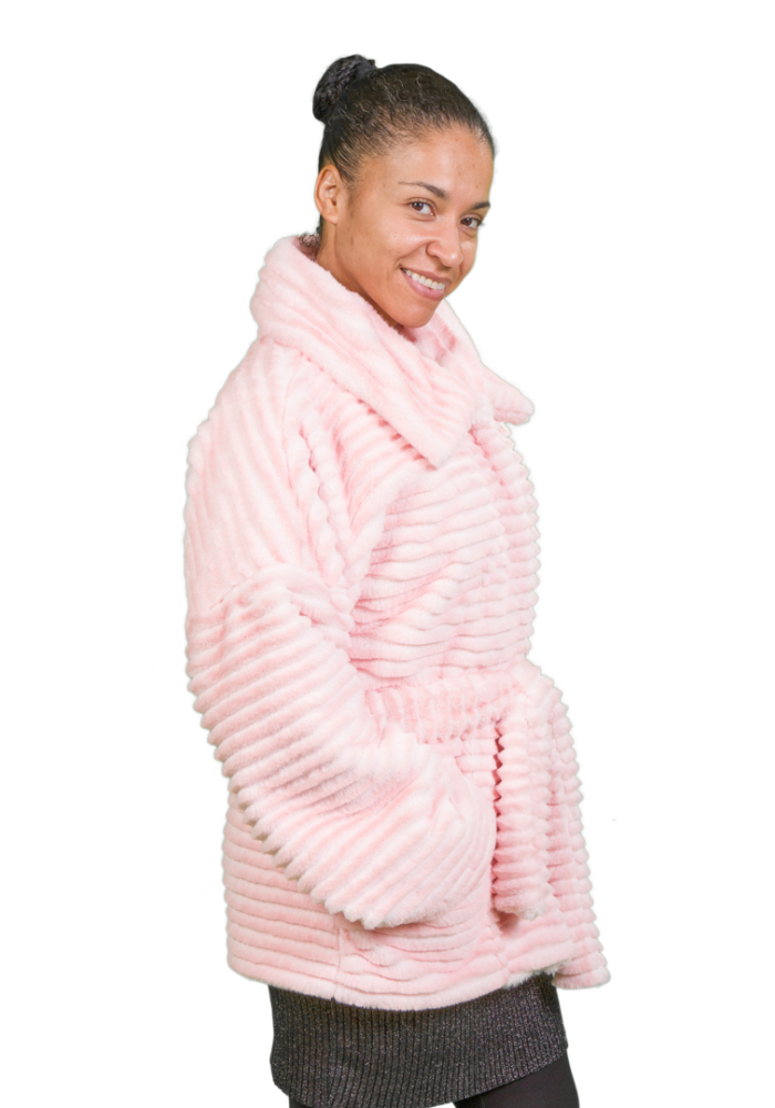 Pink Rabbit Faux Fur Coat-PINK-QTR RGT Pink Ribbed Rabbit Faux Fur Coat