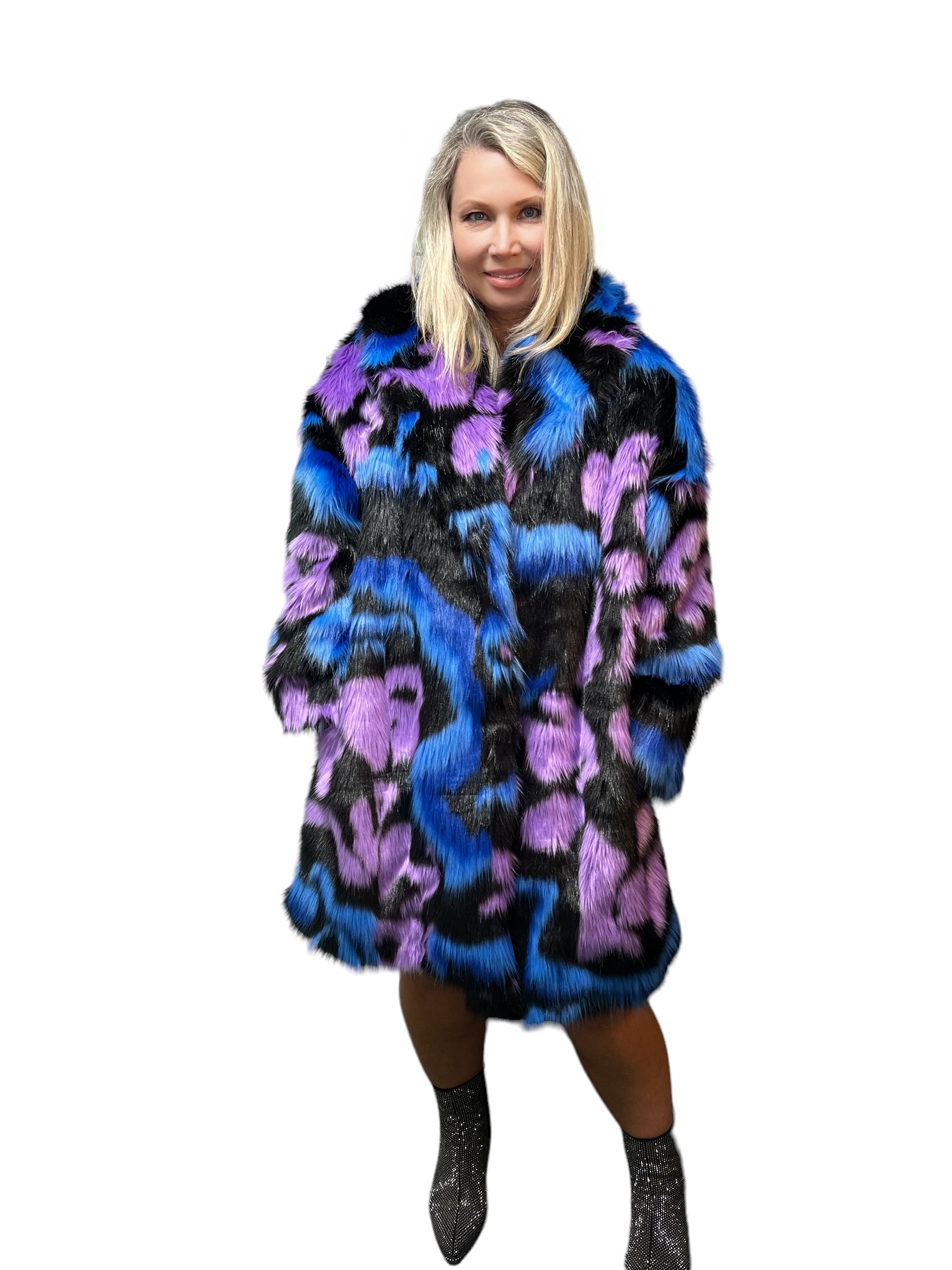 Multicolor Abstract Pattern Faux Fur Coat