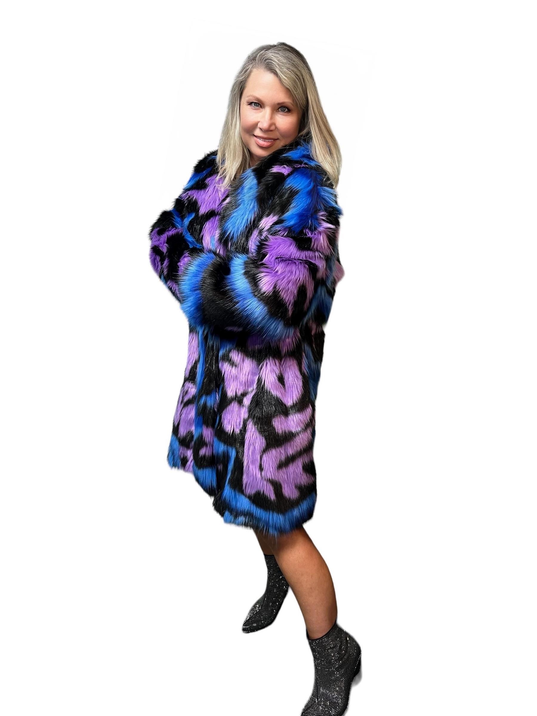 Multicolor Abstract Pattern Faux Fur Coat