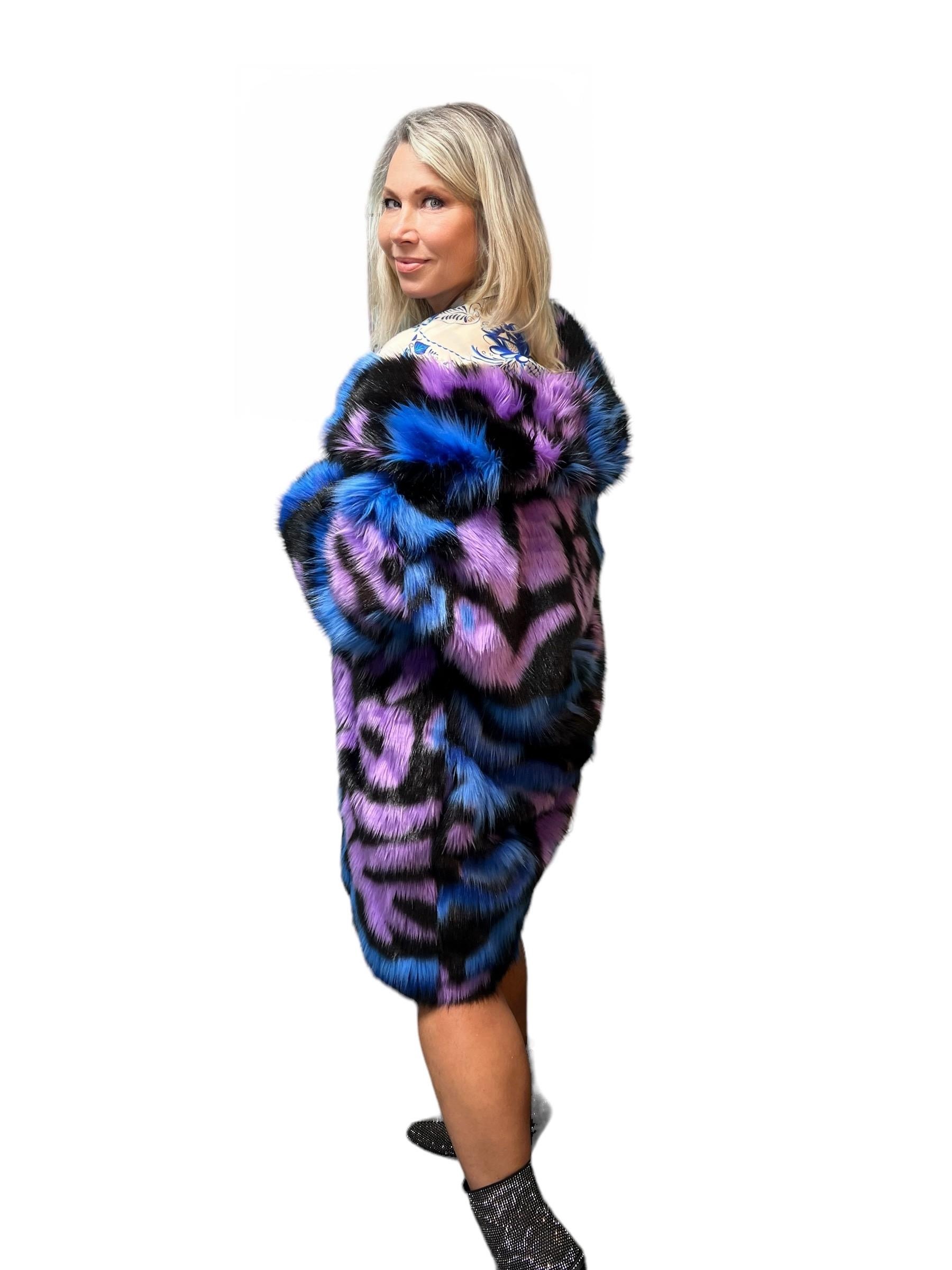 Multicolor Abstract Pattern Faux Fur Coat