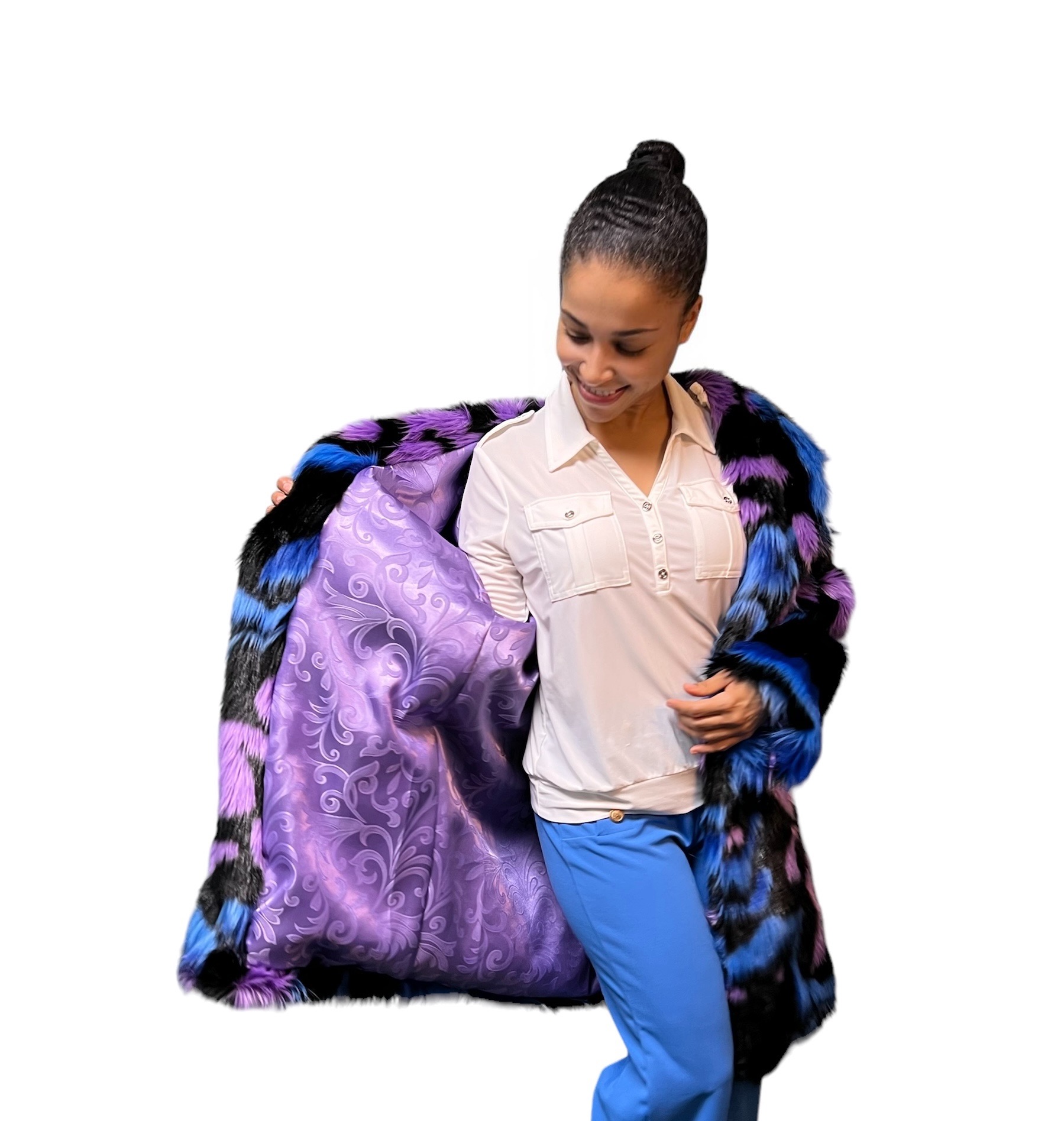 Multicolor Abstract Pattern Faux Fur Coat
