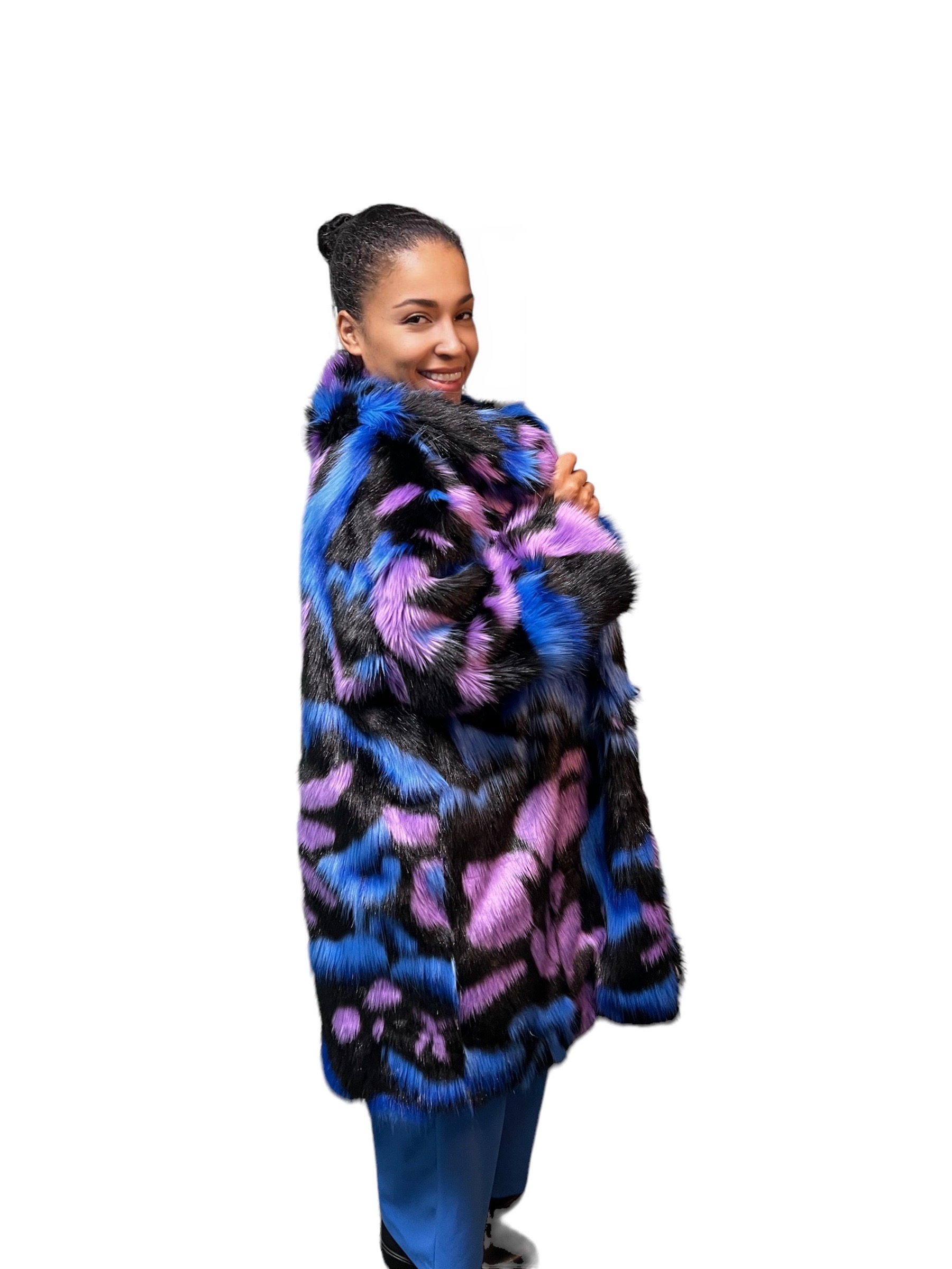 Multicolor Abstract Pattern Faux Fur Coat