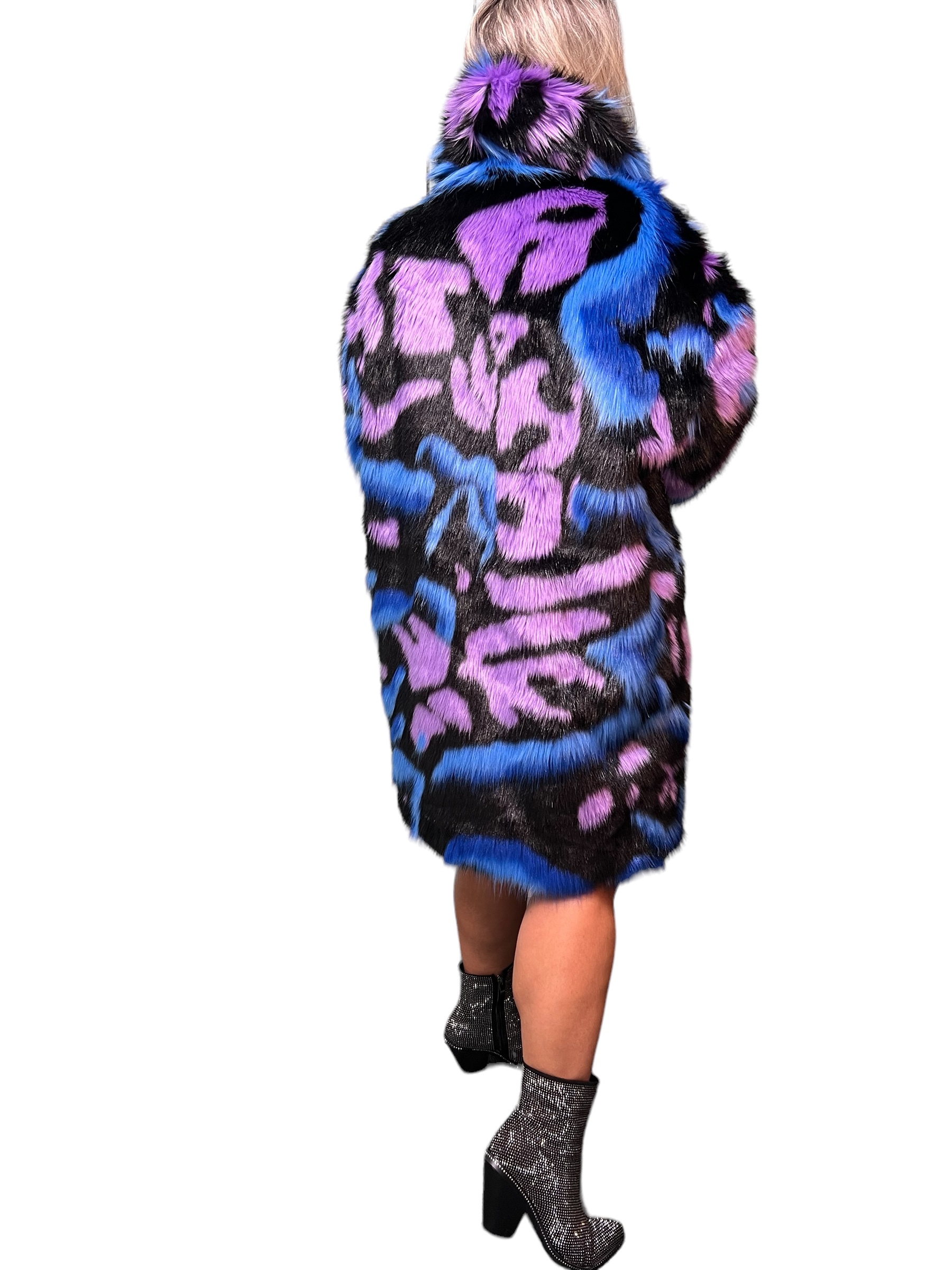 Multicolor Abstract Pattern Faux Fur Coat