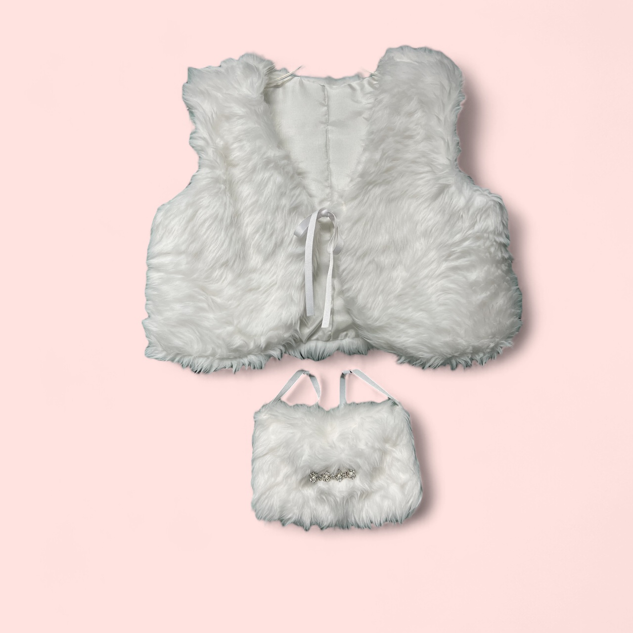 White Faux Fox Kids Vest With Decorated Muff