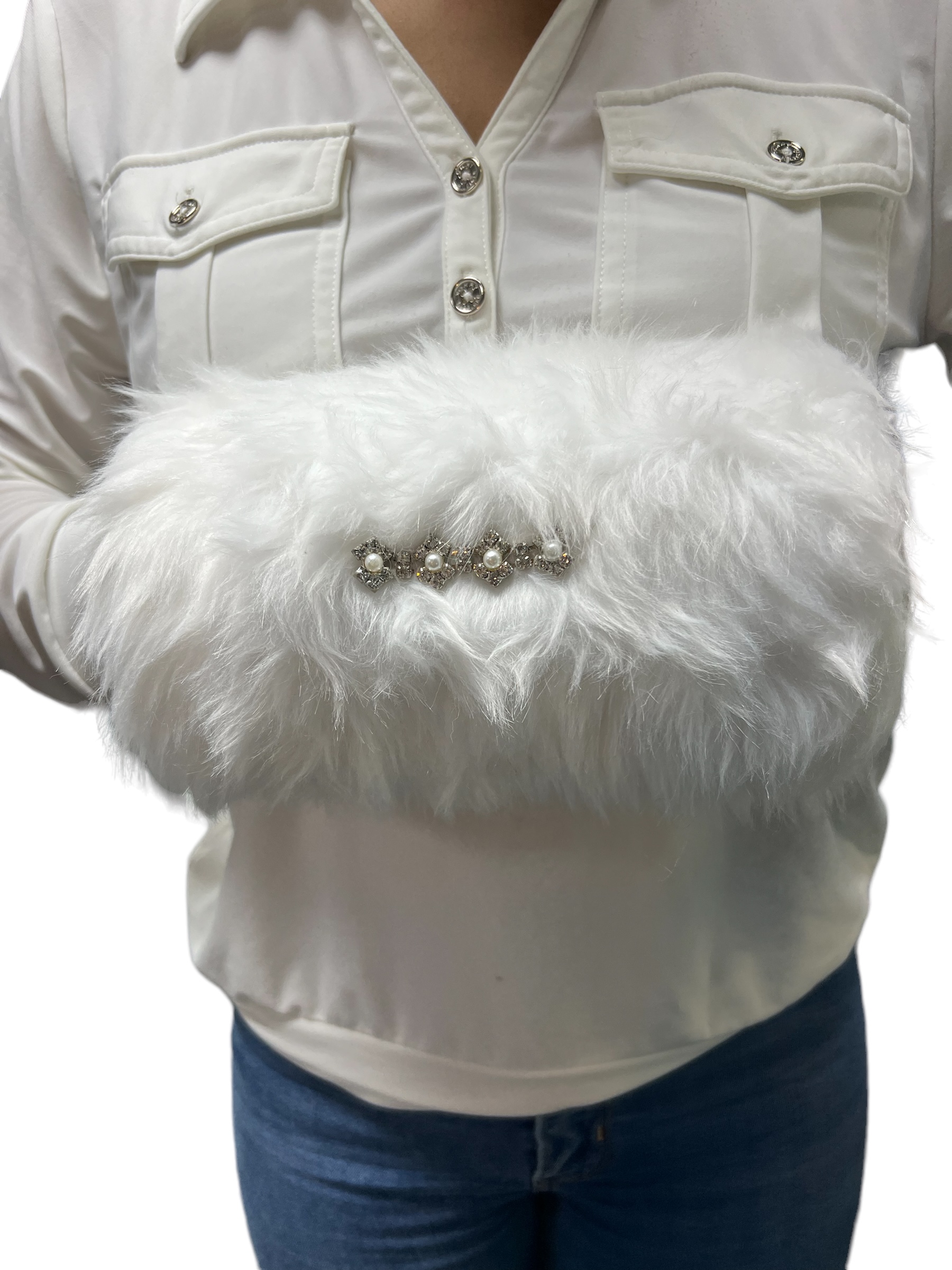 White Faux Fox Kids Vest With Decorated Muff