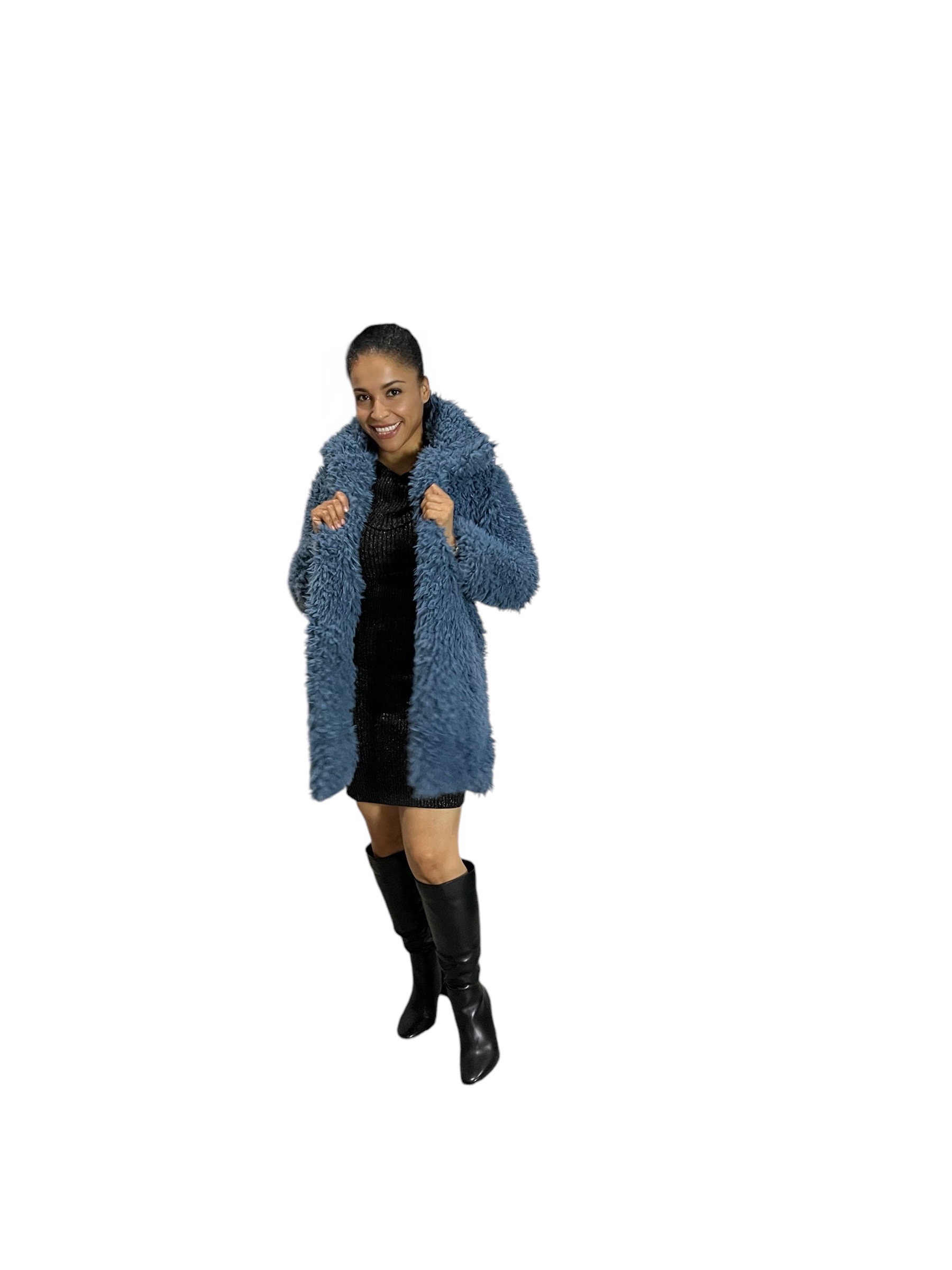 Denim Blue Cuddle Llama Faux Fur Coat