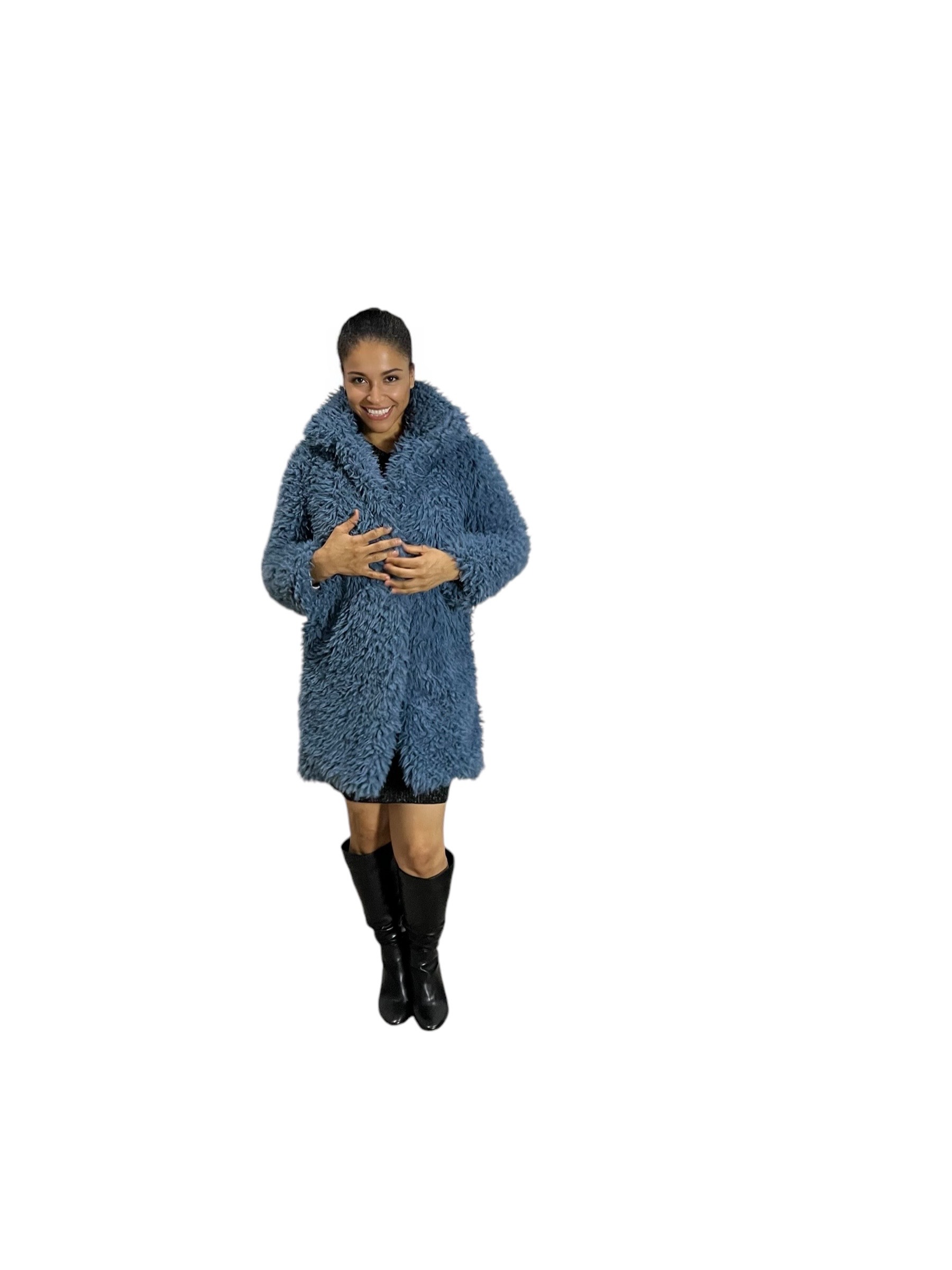 Denim Blue Cuddle Llama Faux Fur Coat