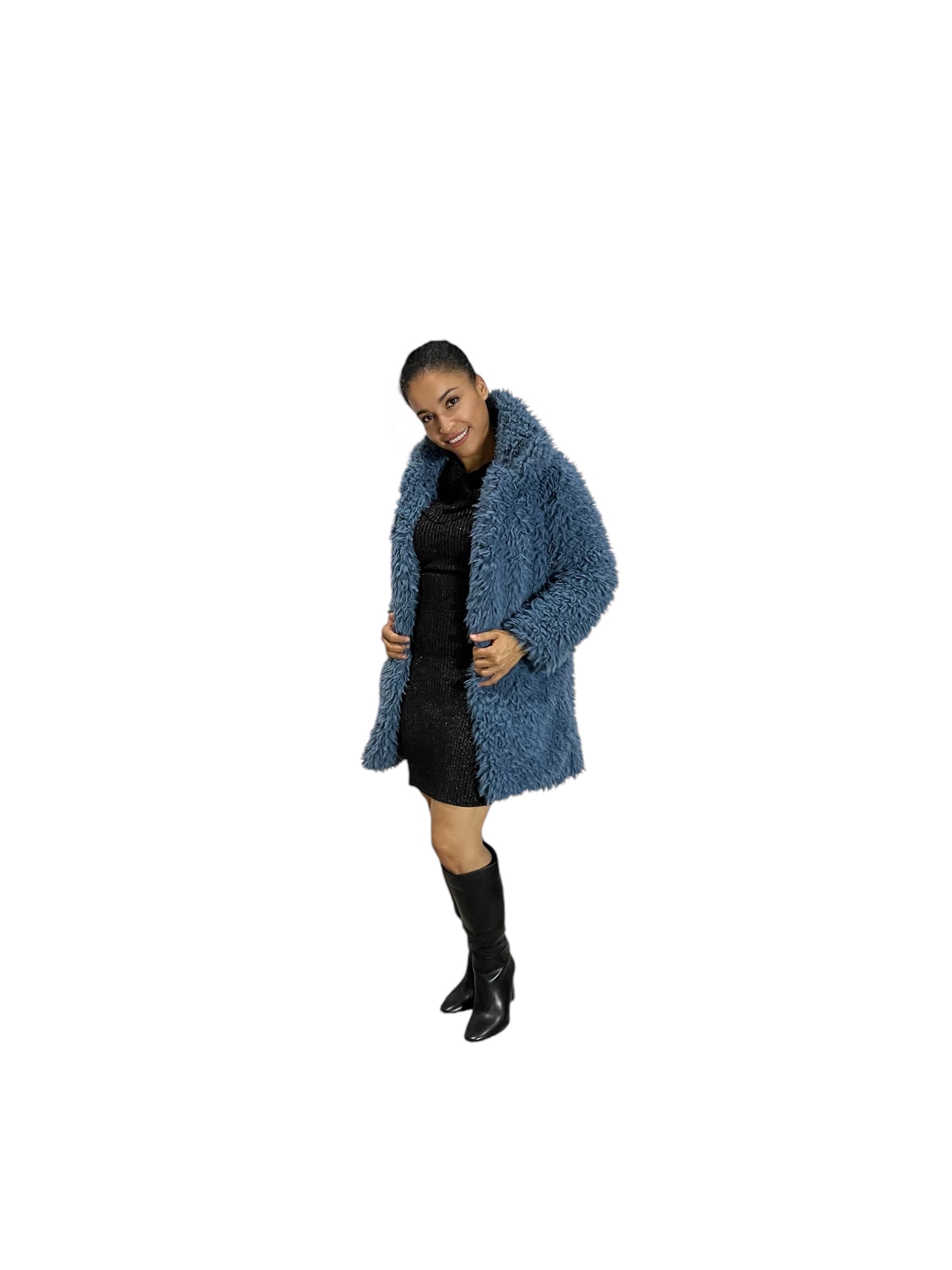 Denim Blue Cuddle Llama Faux Fur Coat