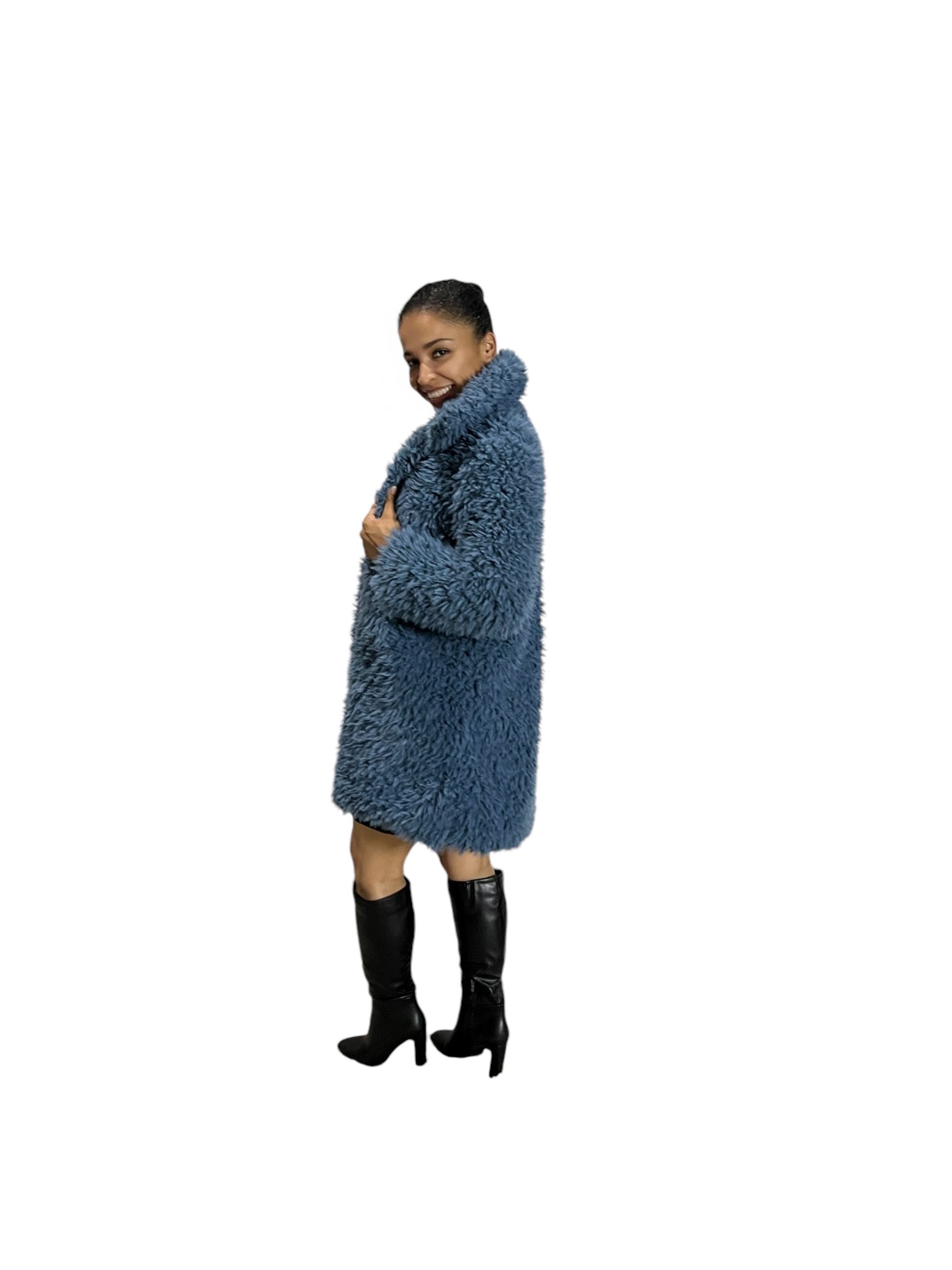 Denim Blue Cuddle Llama Faux Fur Coat