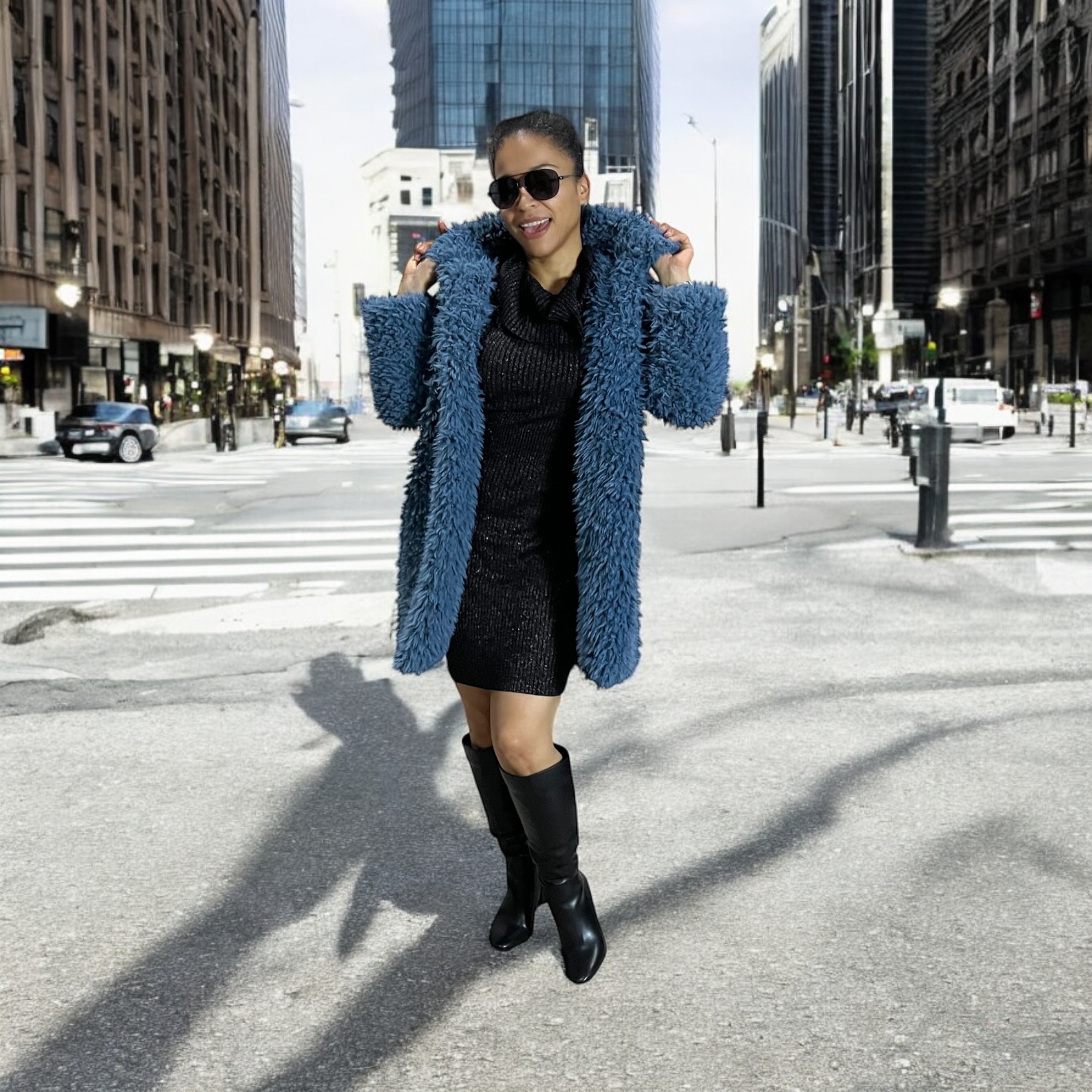 Denim Blue Cuddle Llama Faux Fur Coat