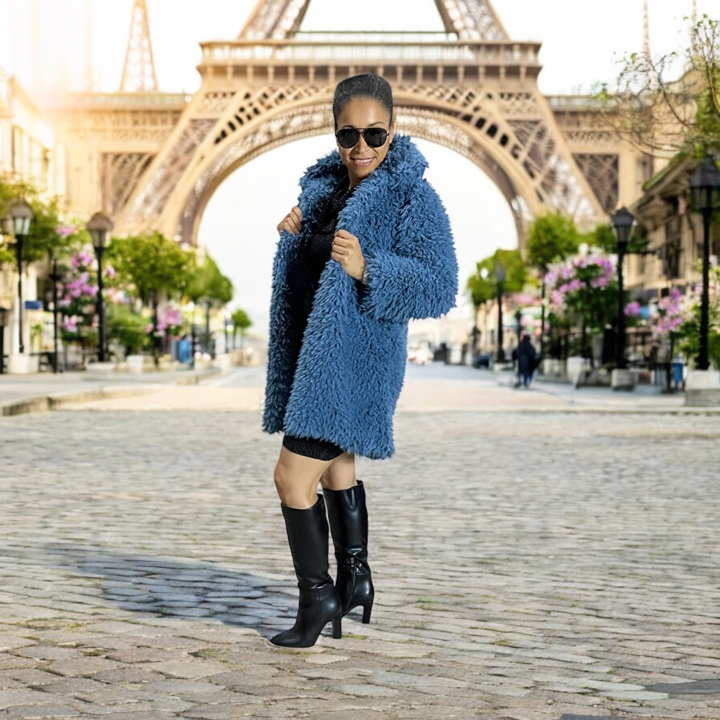 Denim Blue Cuddle Llama Faux Fur Coat
