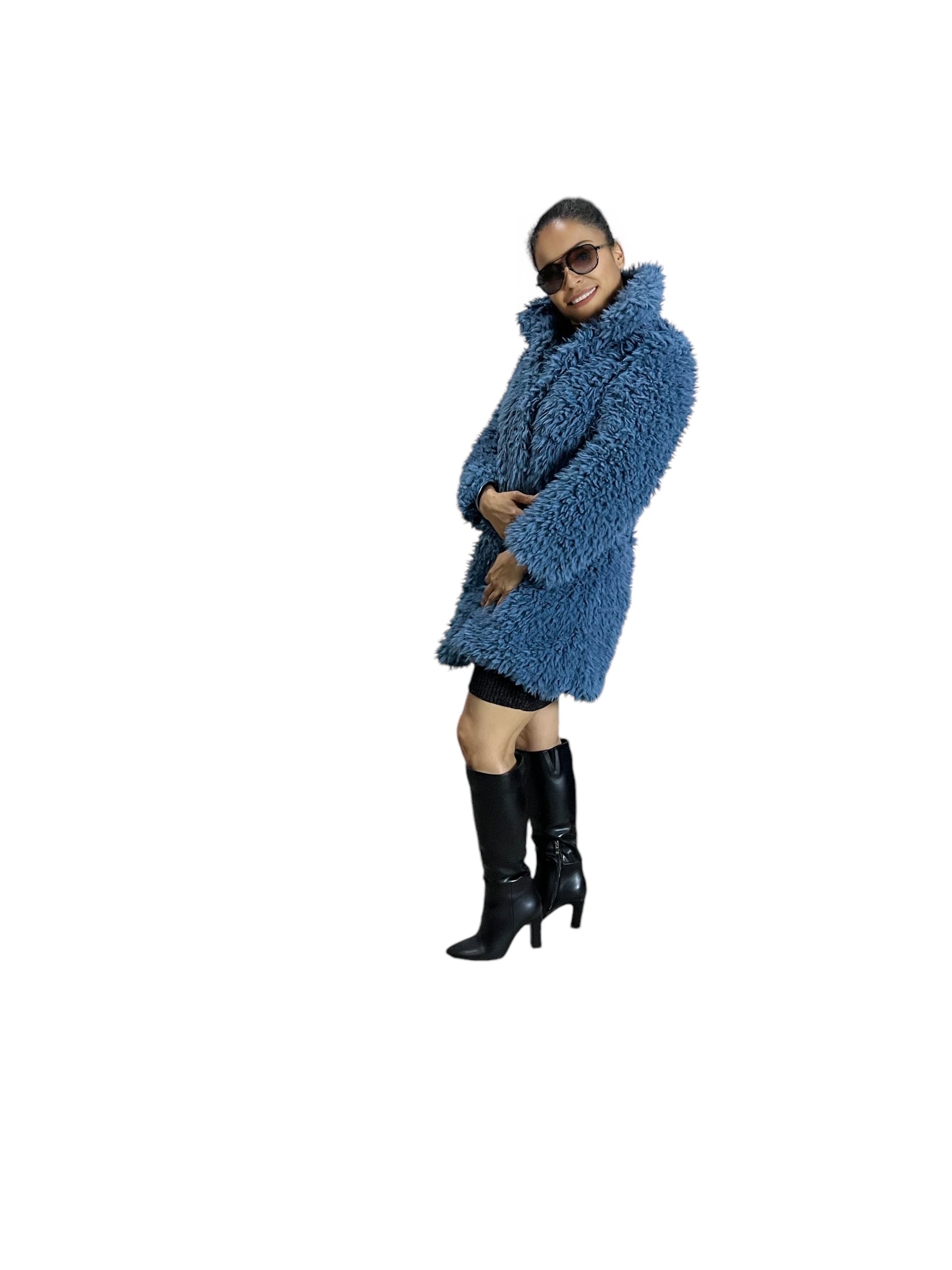 Denim Blue Cuddle Llama Faux Fur Coat