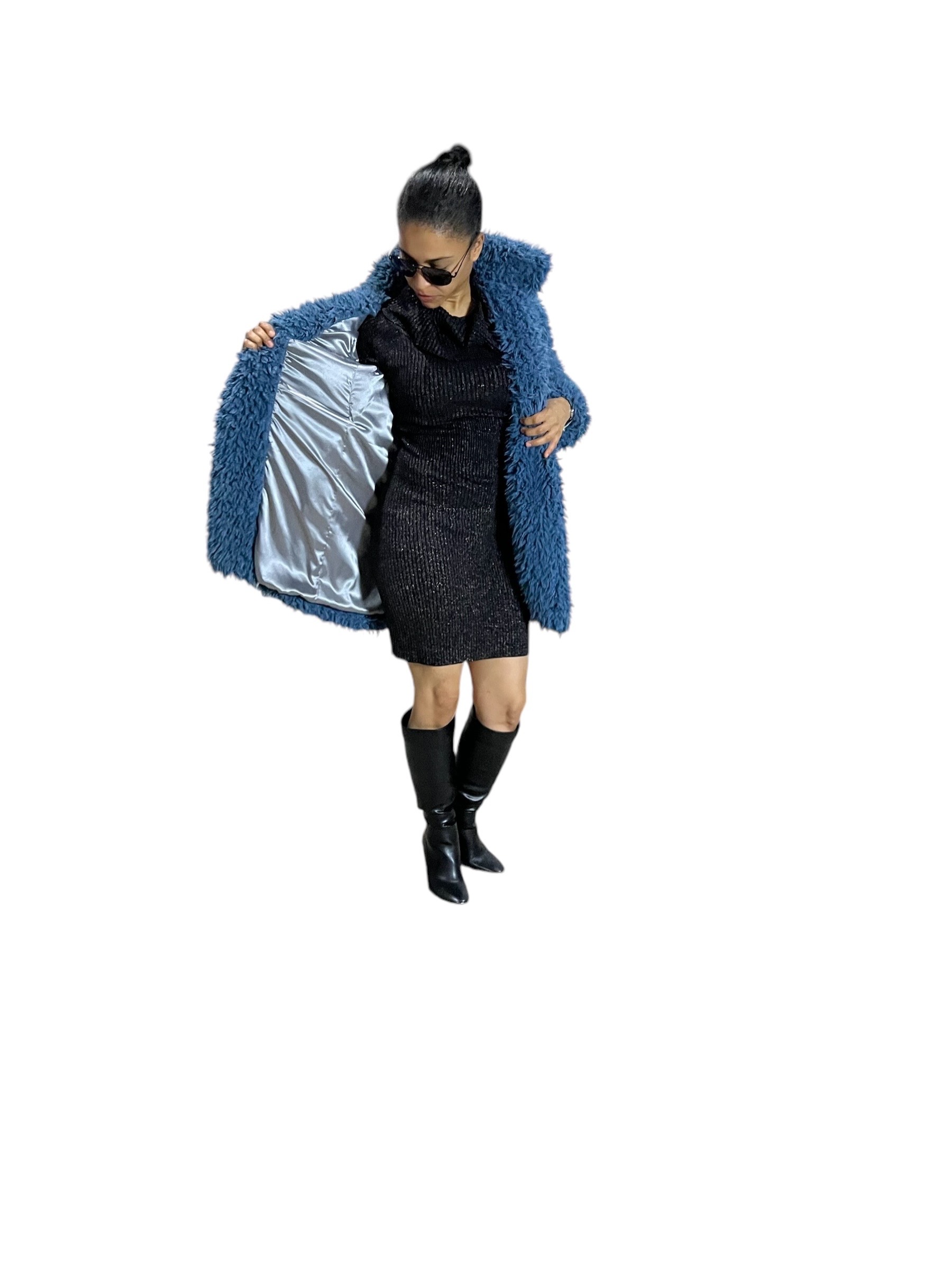 Denim Blue Cuddle Llama Faux Fur Coat