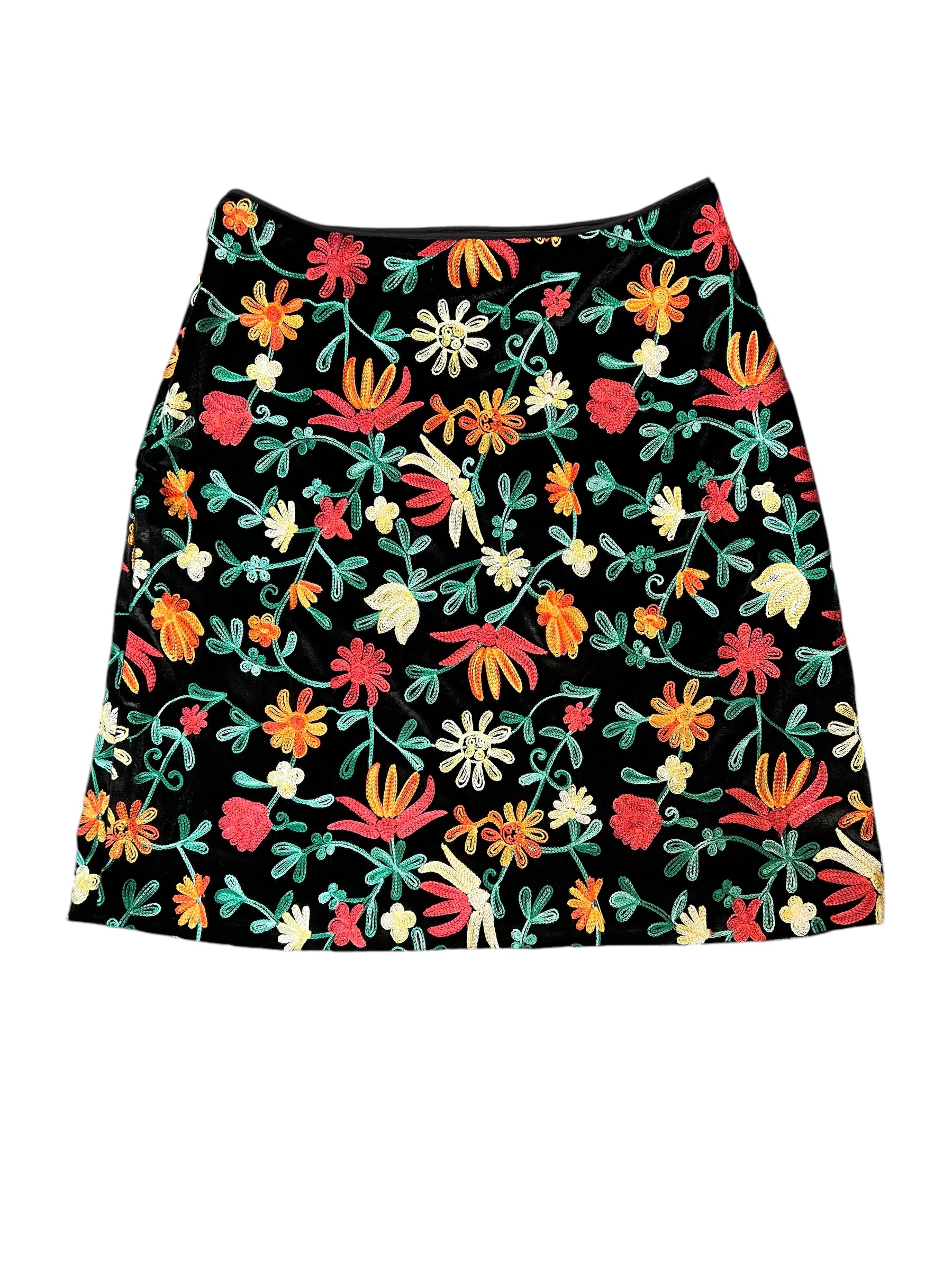 Embroidered Velvet Skirt with Bright Flowers.