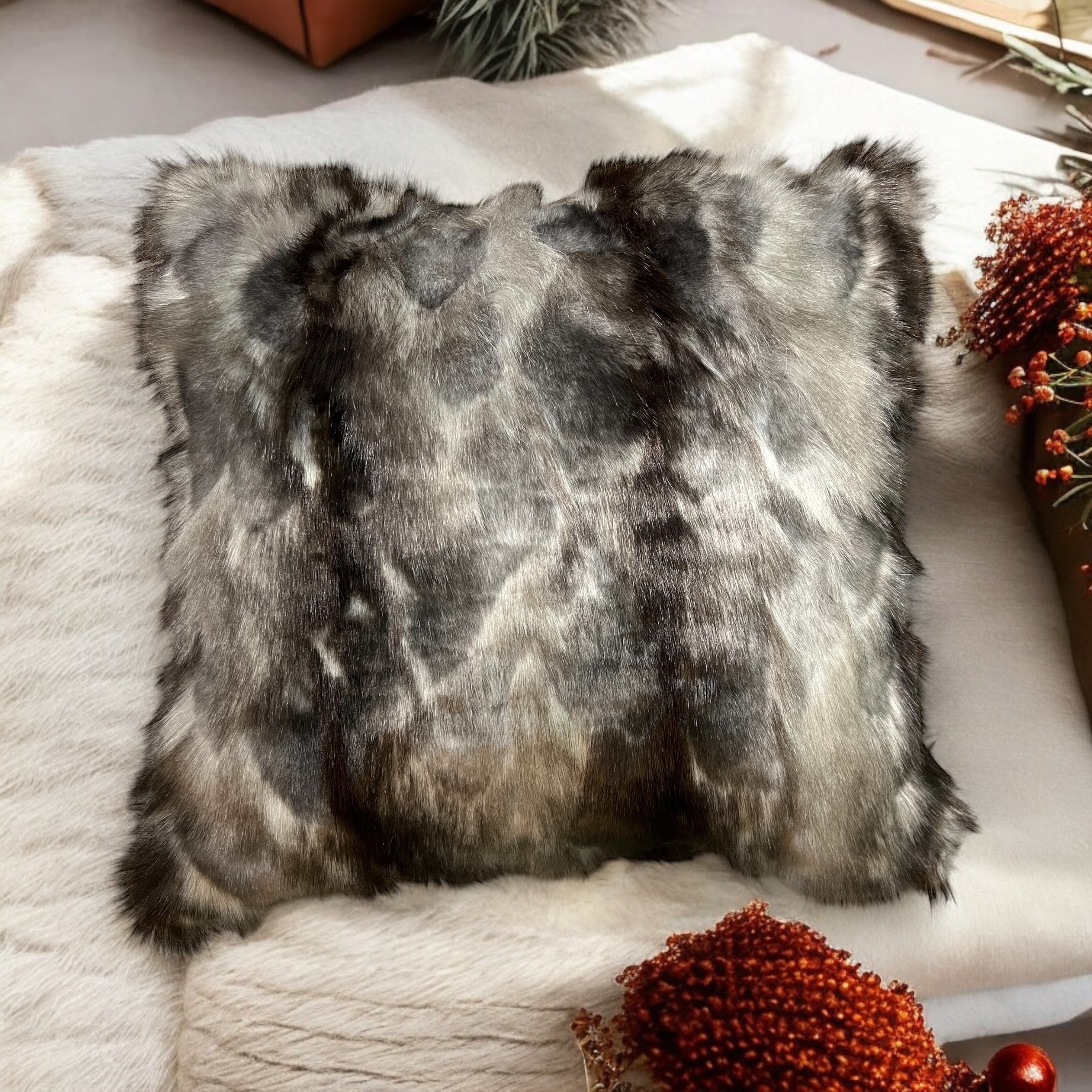 Grey Fox Faux Fur Pillow Case