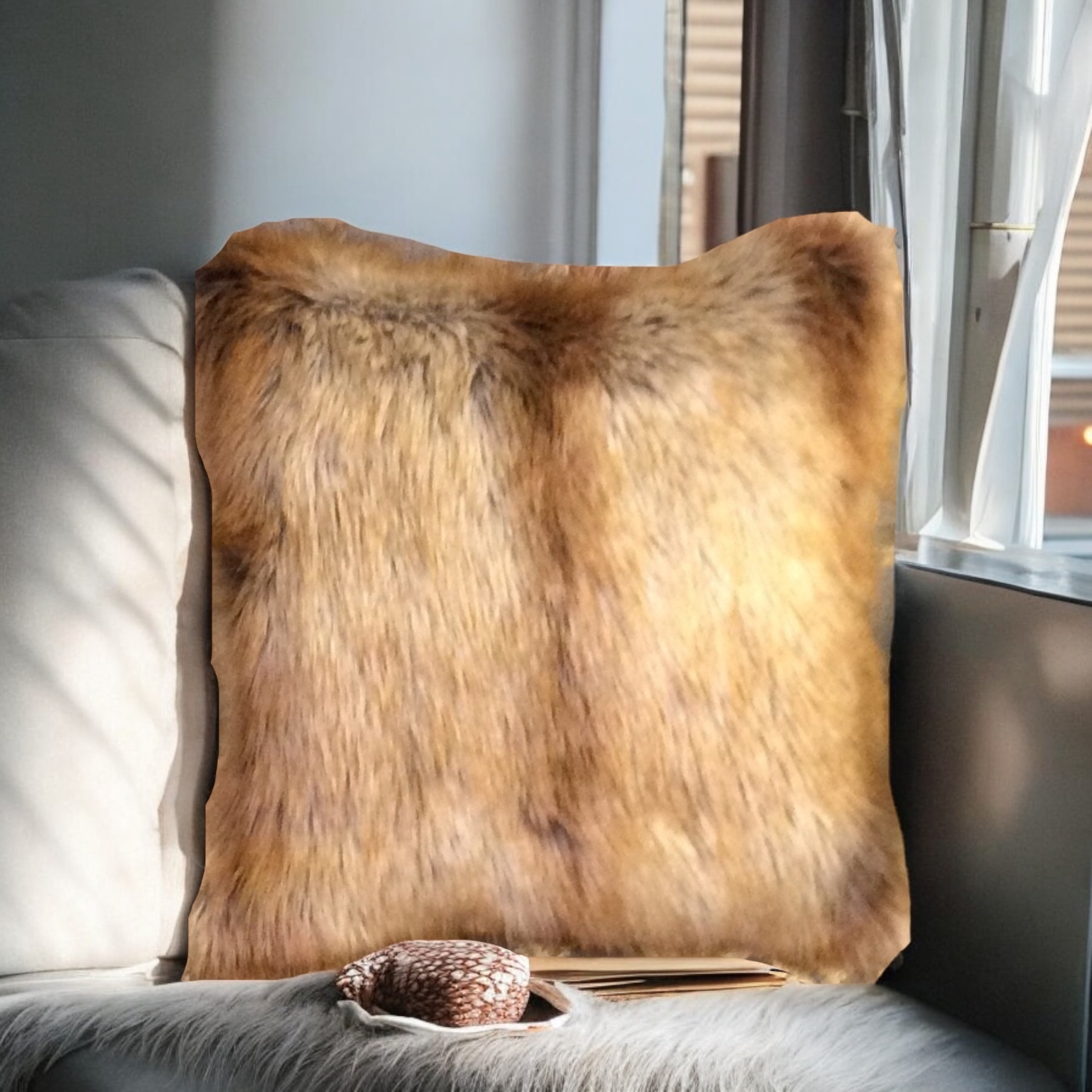 Gold Fox Tail Faux Fur Pillow Case.