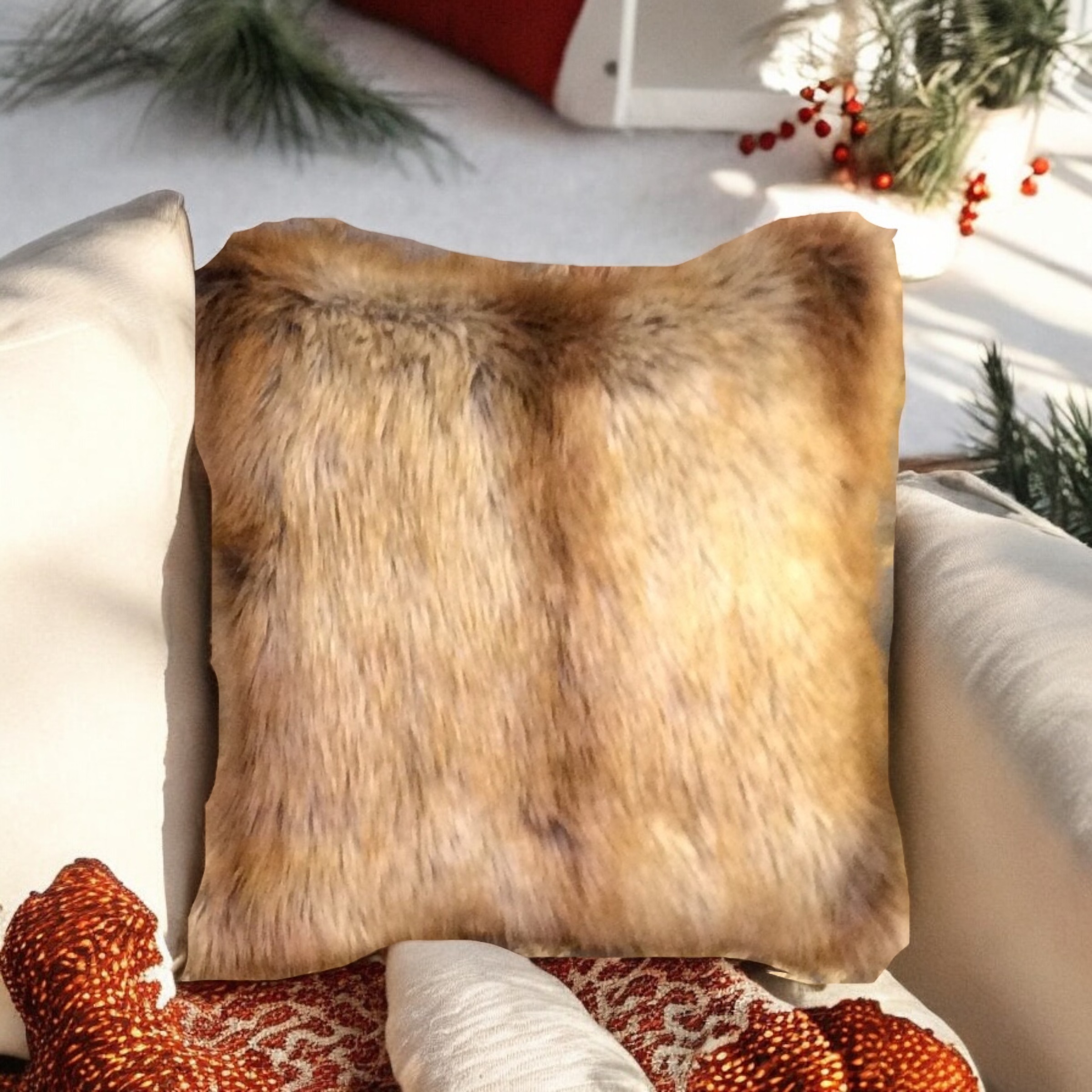 Gold Fox Tail Faux Fur Pillow Case.