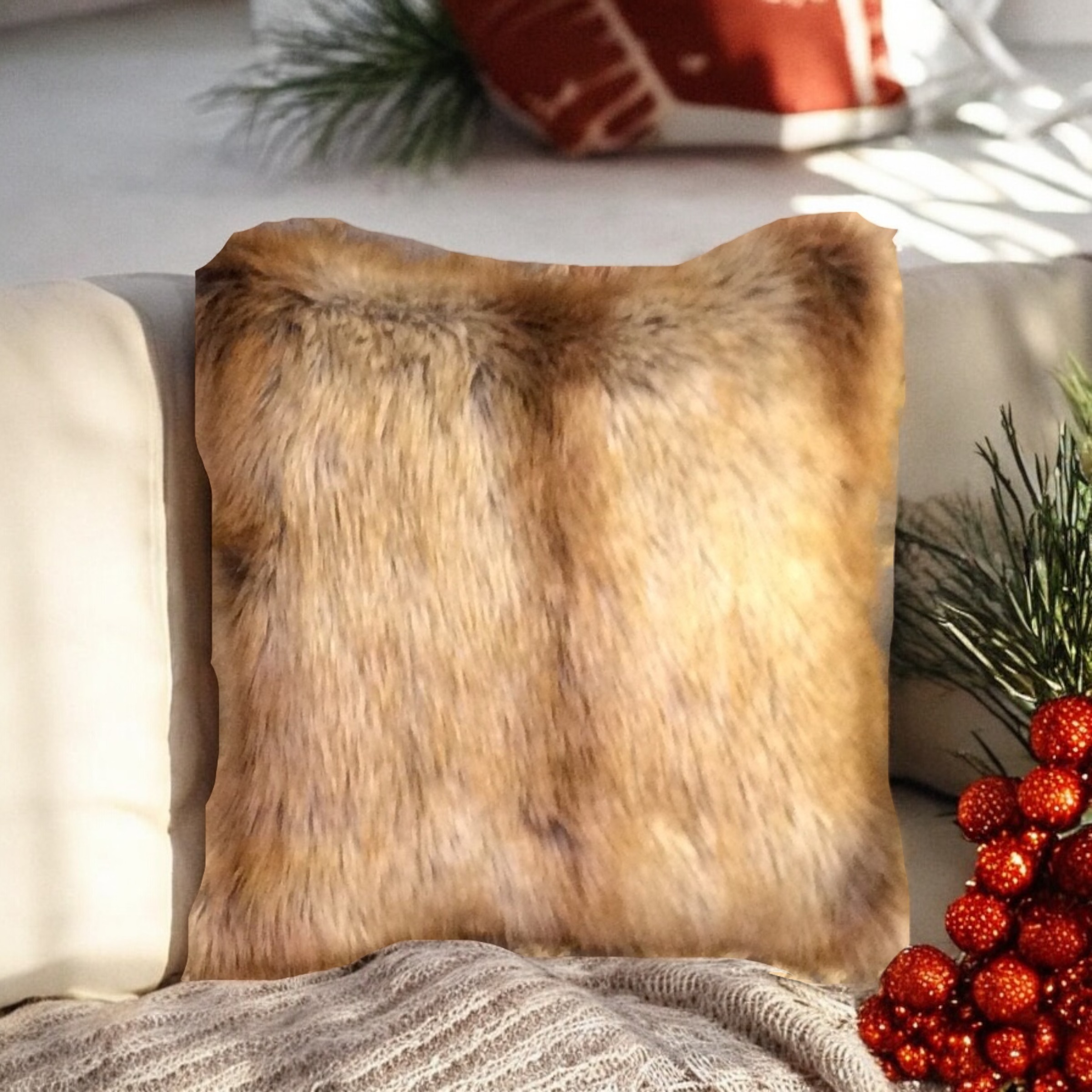 Gold Fox Tail Faux Fur Pillow Case.