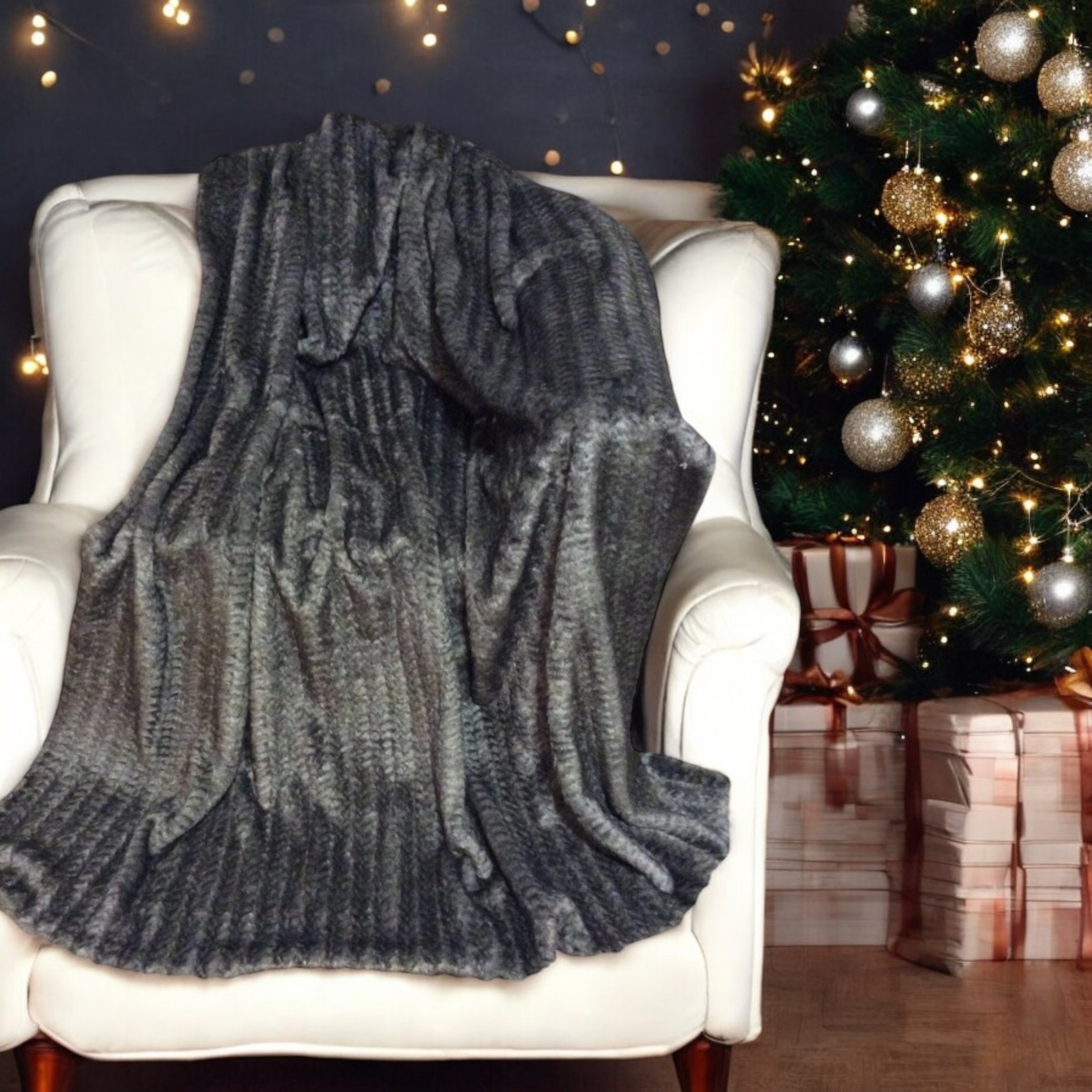 Embossed Grey Mink Faux Fur Blanket