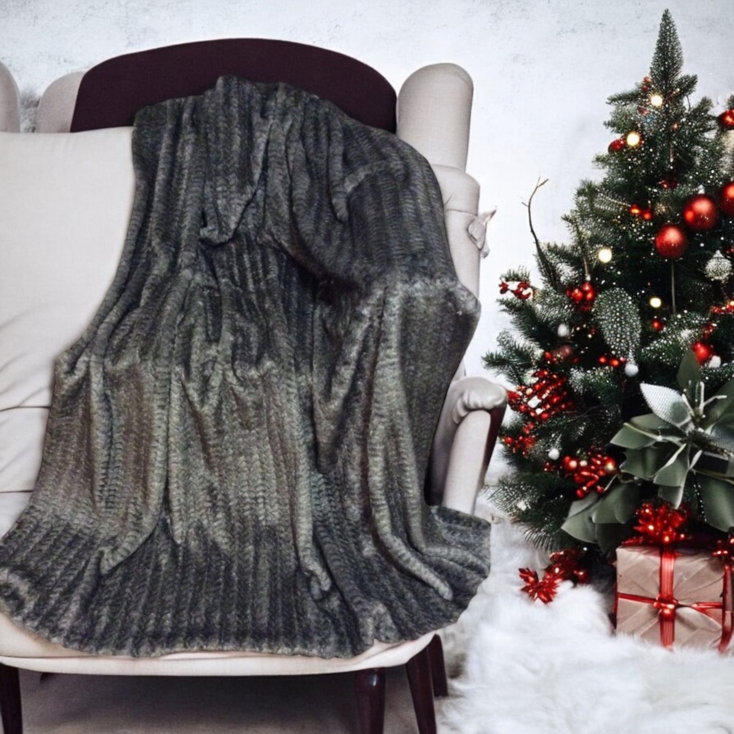 Embossed Grey Mink Faux Fur Blanket
