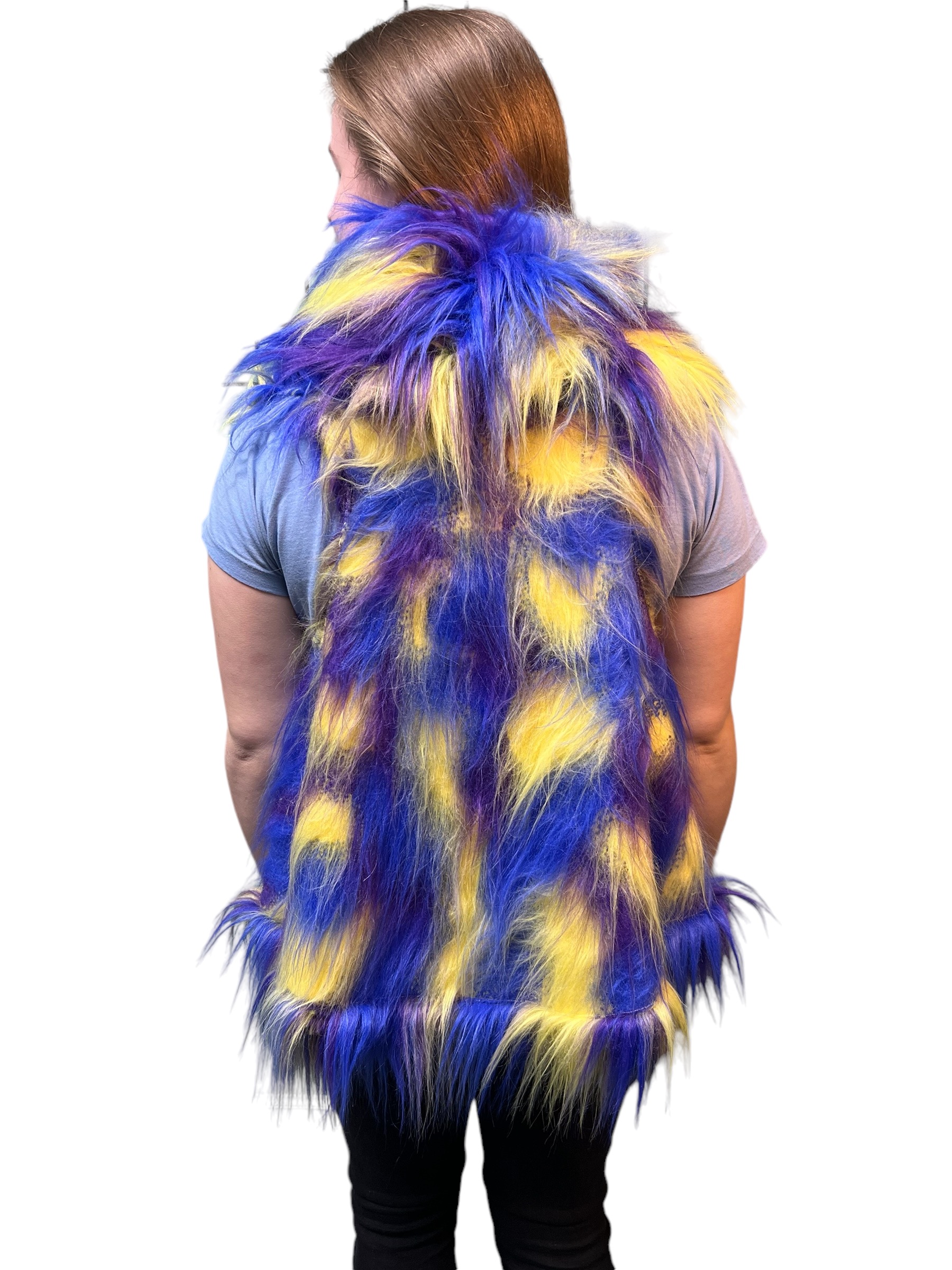 Bright Yellow, Blue and Purple Reversible Faux Fur Vest