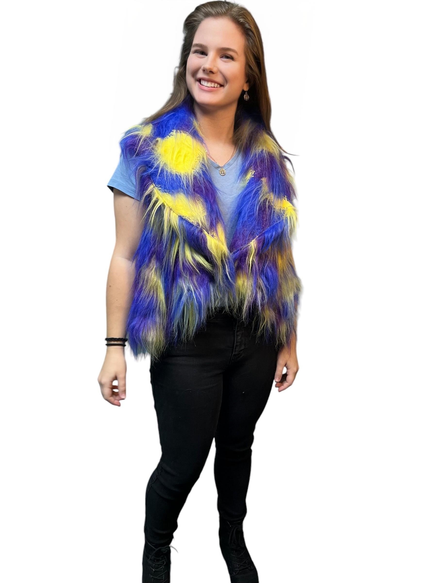 Bright Yellow, Blue and Purple Reversible Faux Fur Vest