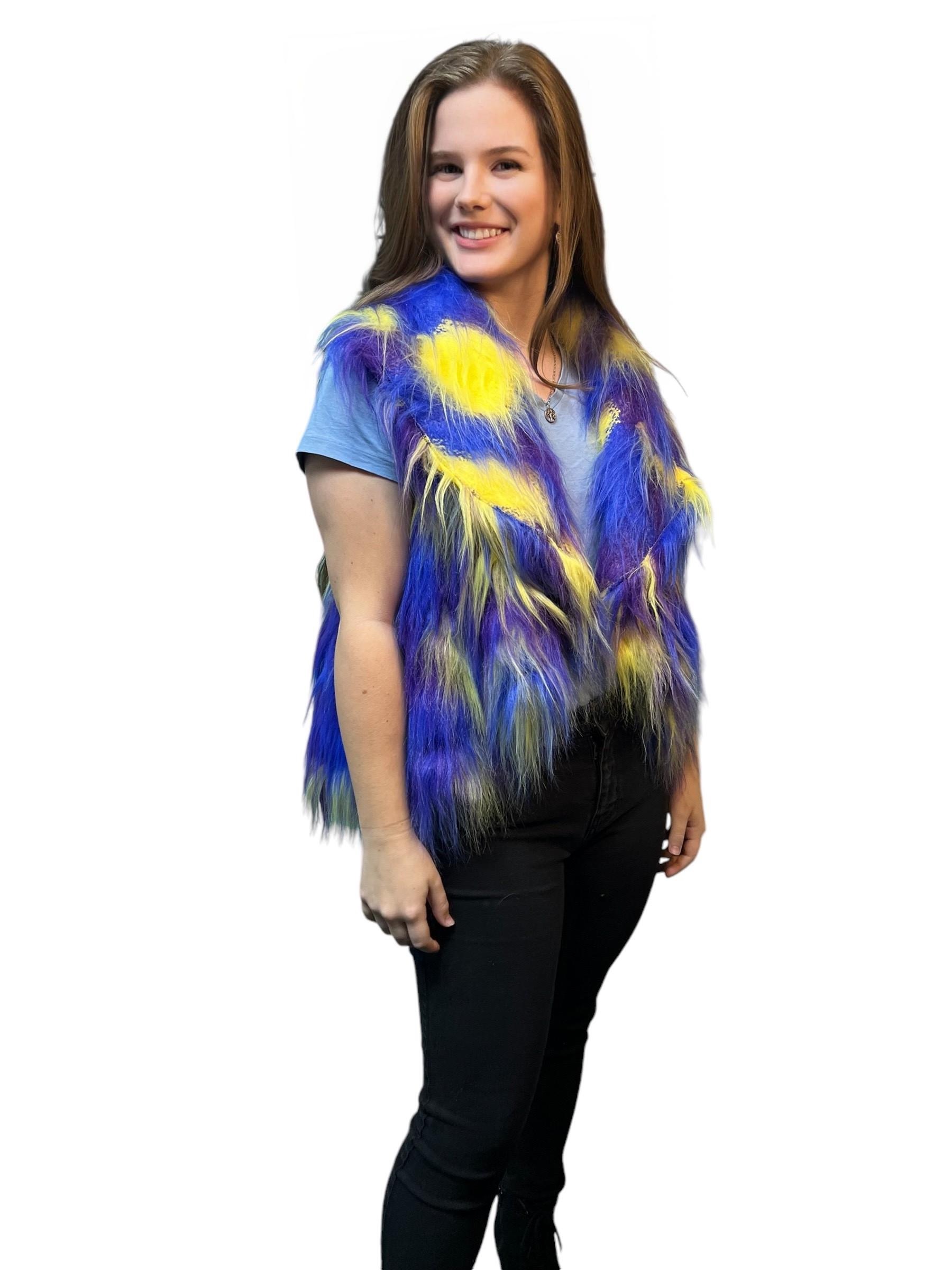 Bright Yellow, Blue and Purple Reversible Faux Fur Vest