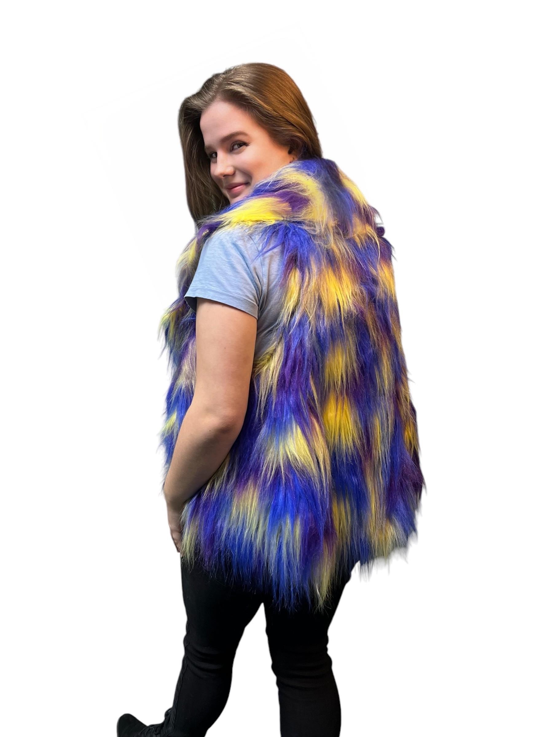 Bright Yellow, Blue and Purple Reversible Faux Fur Vest