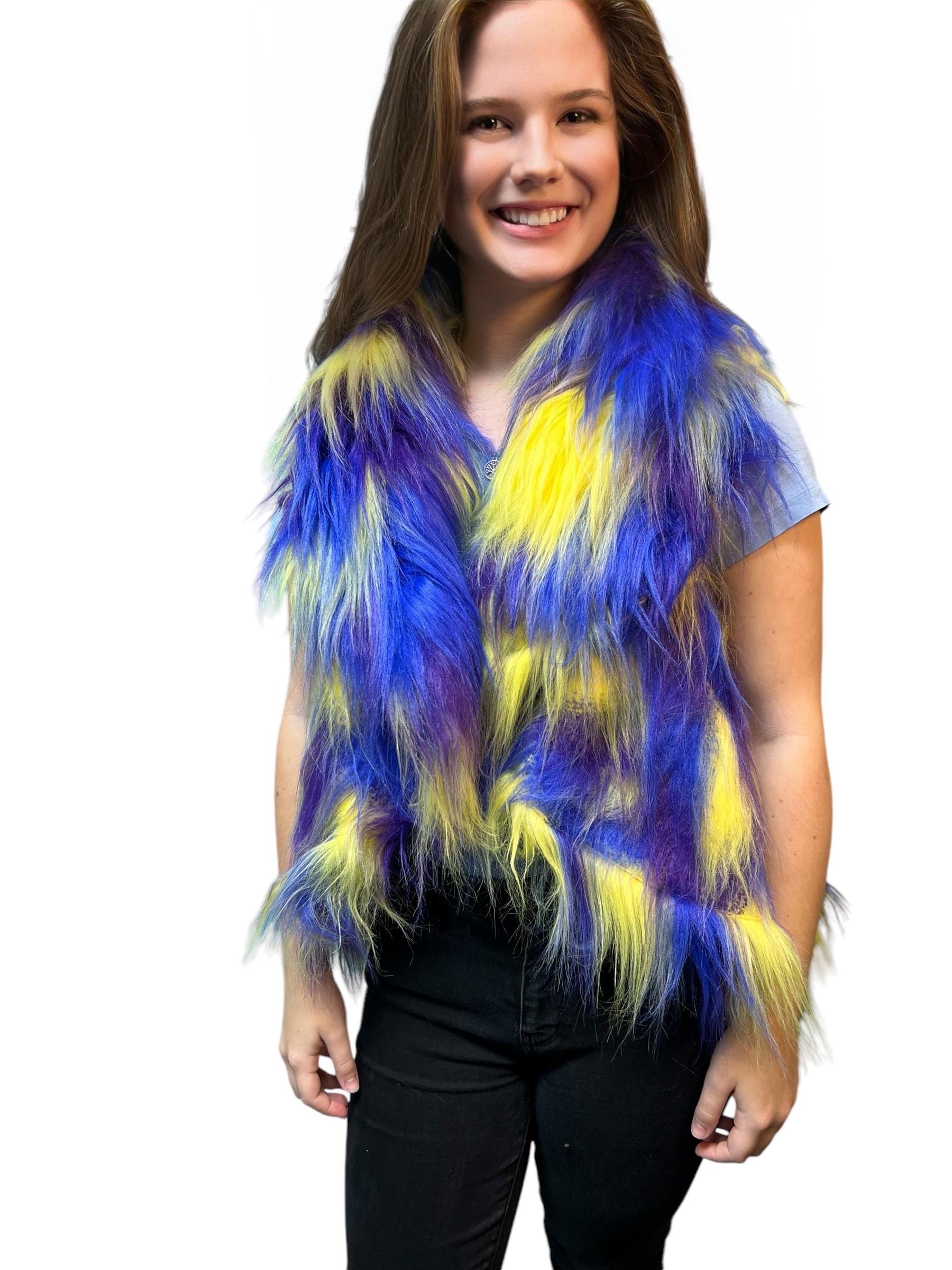 Bright Yellow, Blue and Purple Reversible Faux Fur Vest