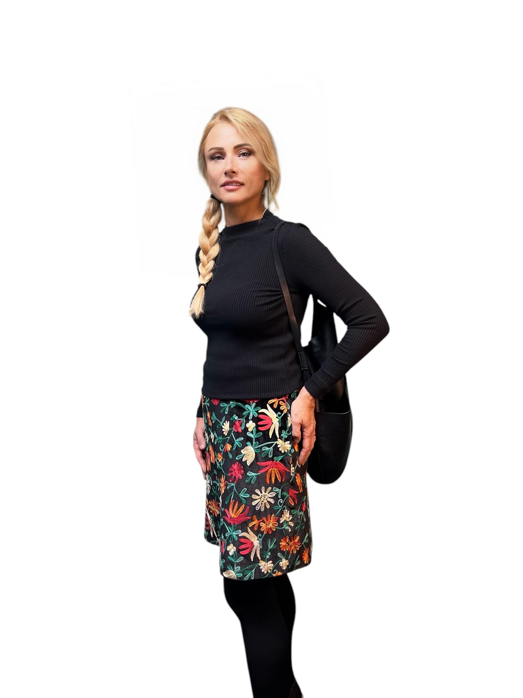 Embroidered Velvet Skirt with Bright Flowers.