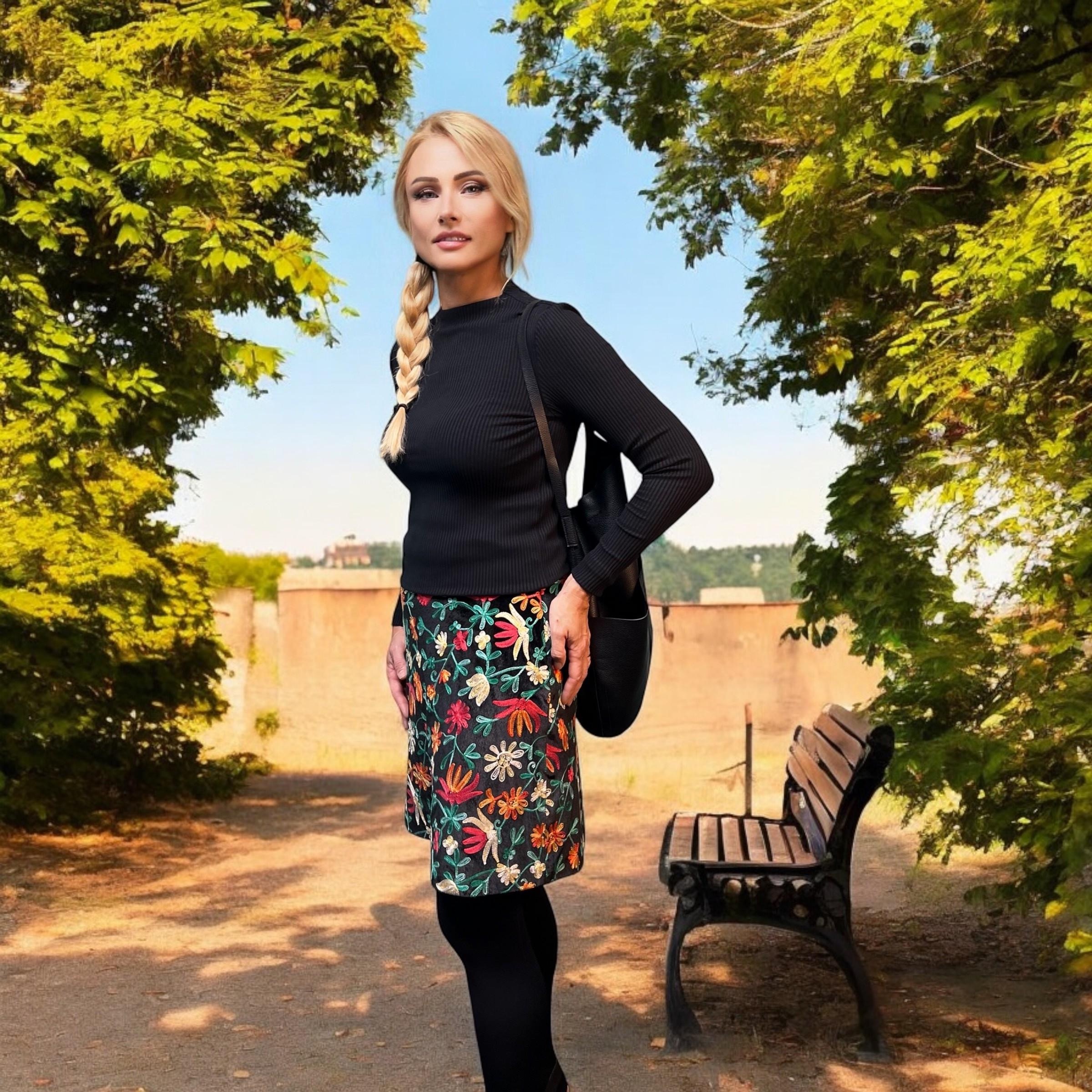 Embroidered Velvet Skirt with Bright Flowers.