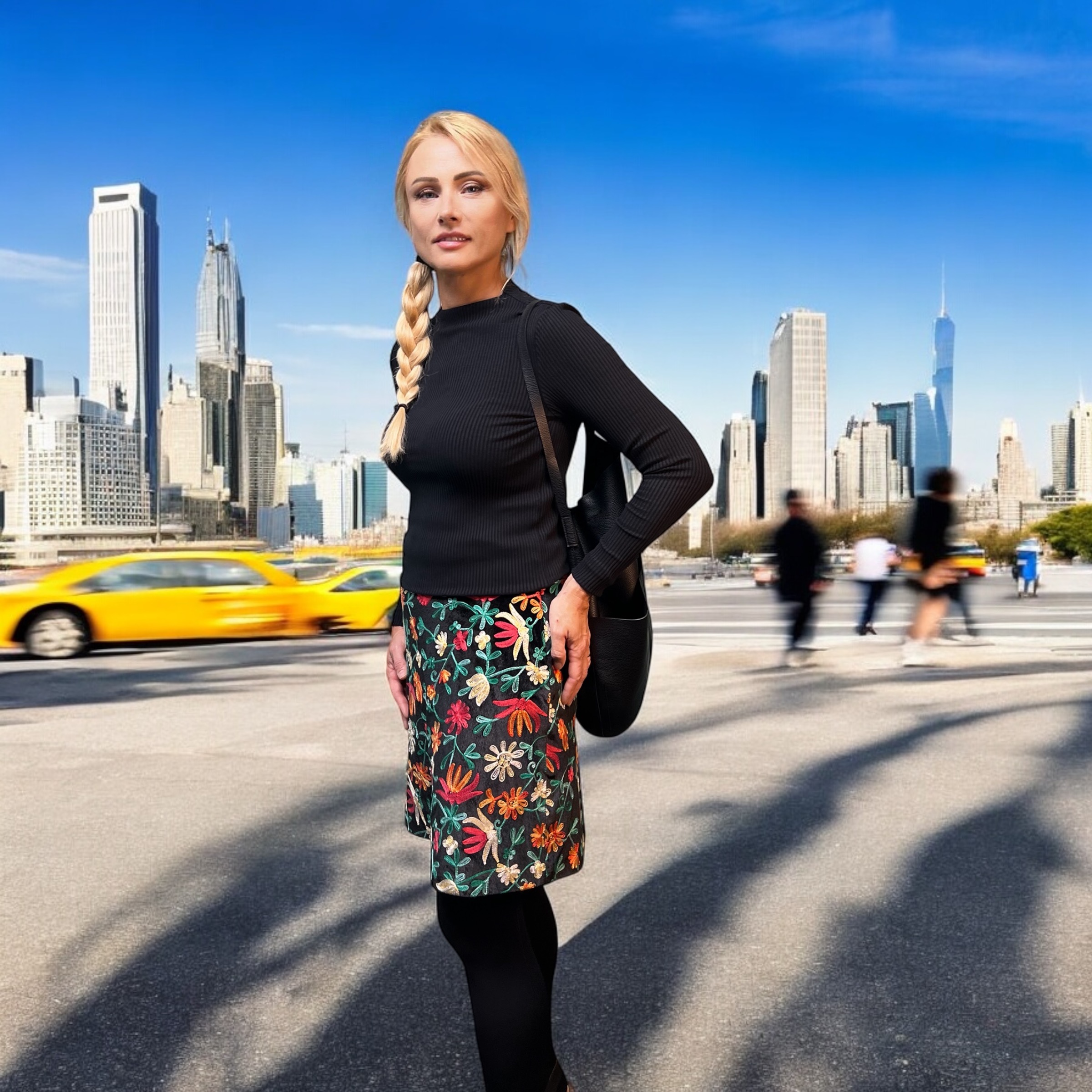 Embroidered Velvet Skirt with Bright Flowers.