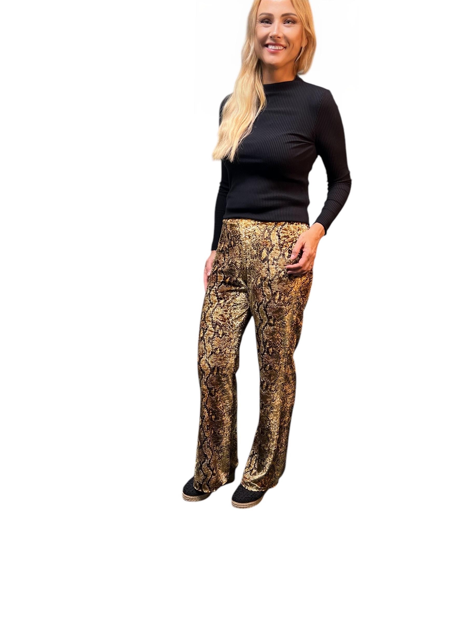 Golden Brown Snake Print Stretch Velvet Pants