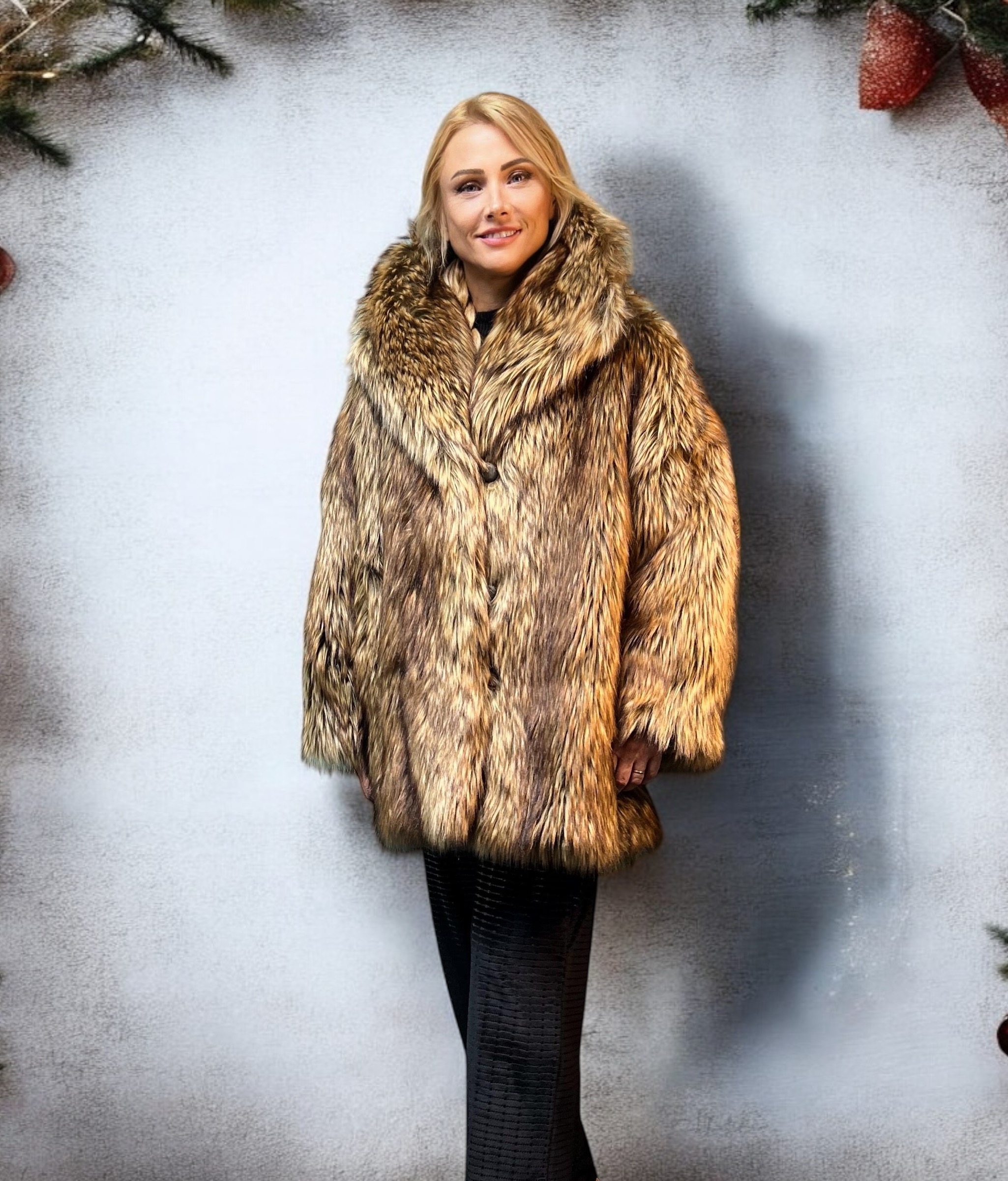 IMG_5228 Brown Wolf Faux Fur Coat