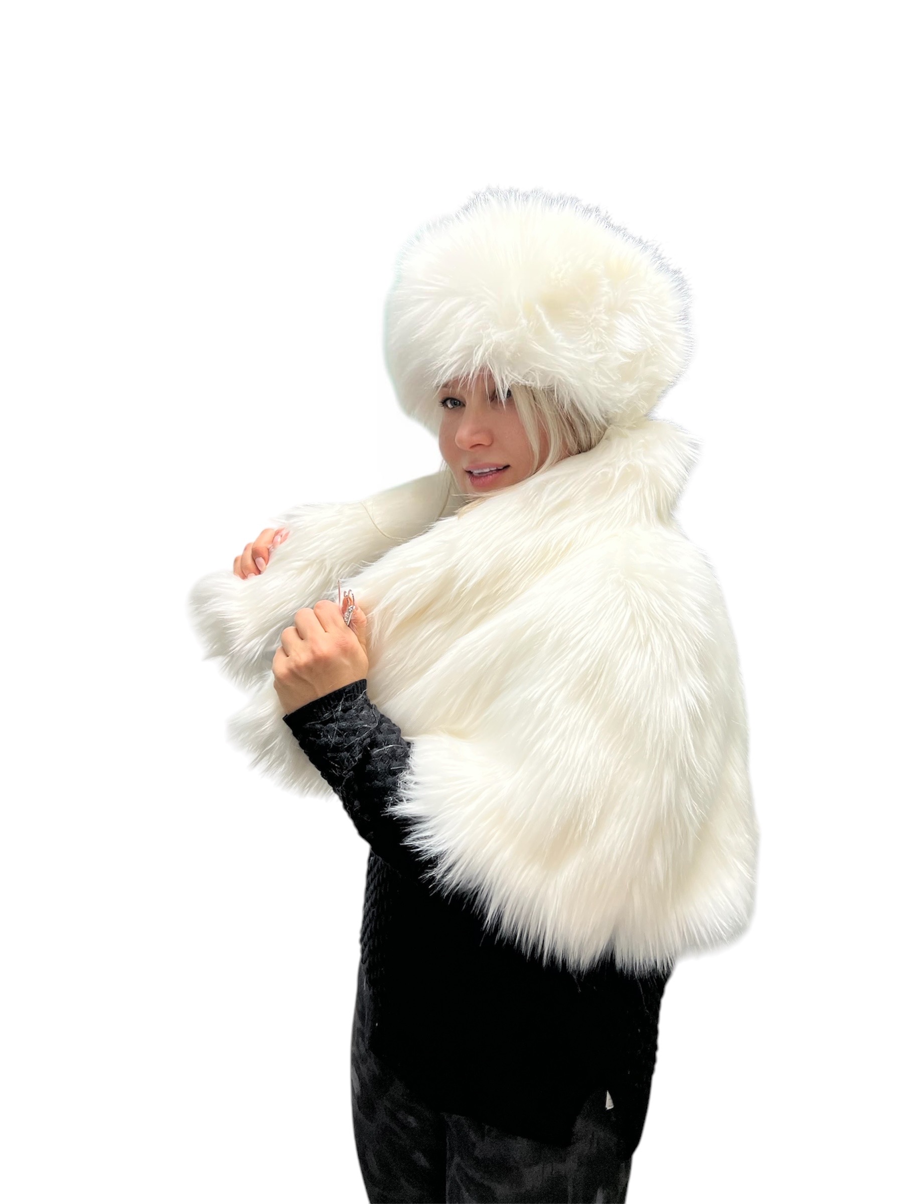 White Arctic Fox Faux Fur Tablet Hat