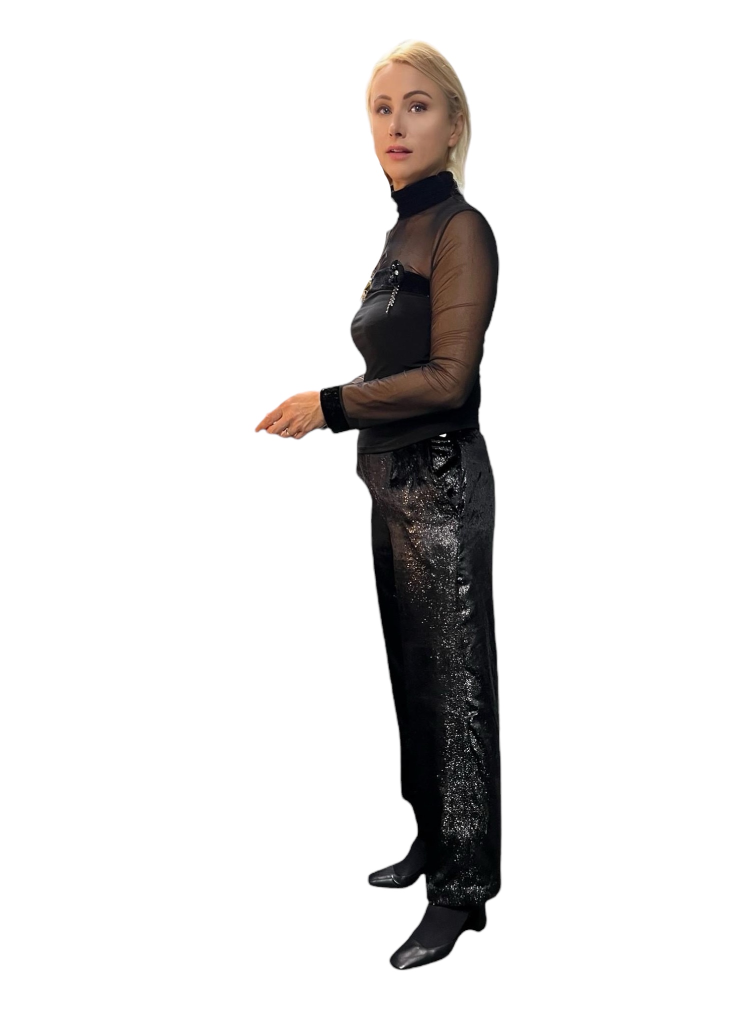Classic Straight Metallic Velvet Black Pants