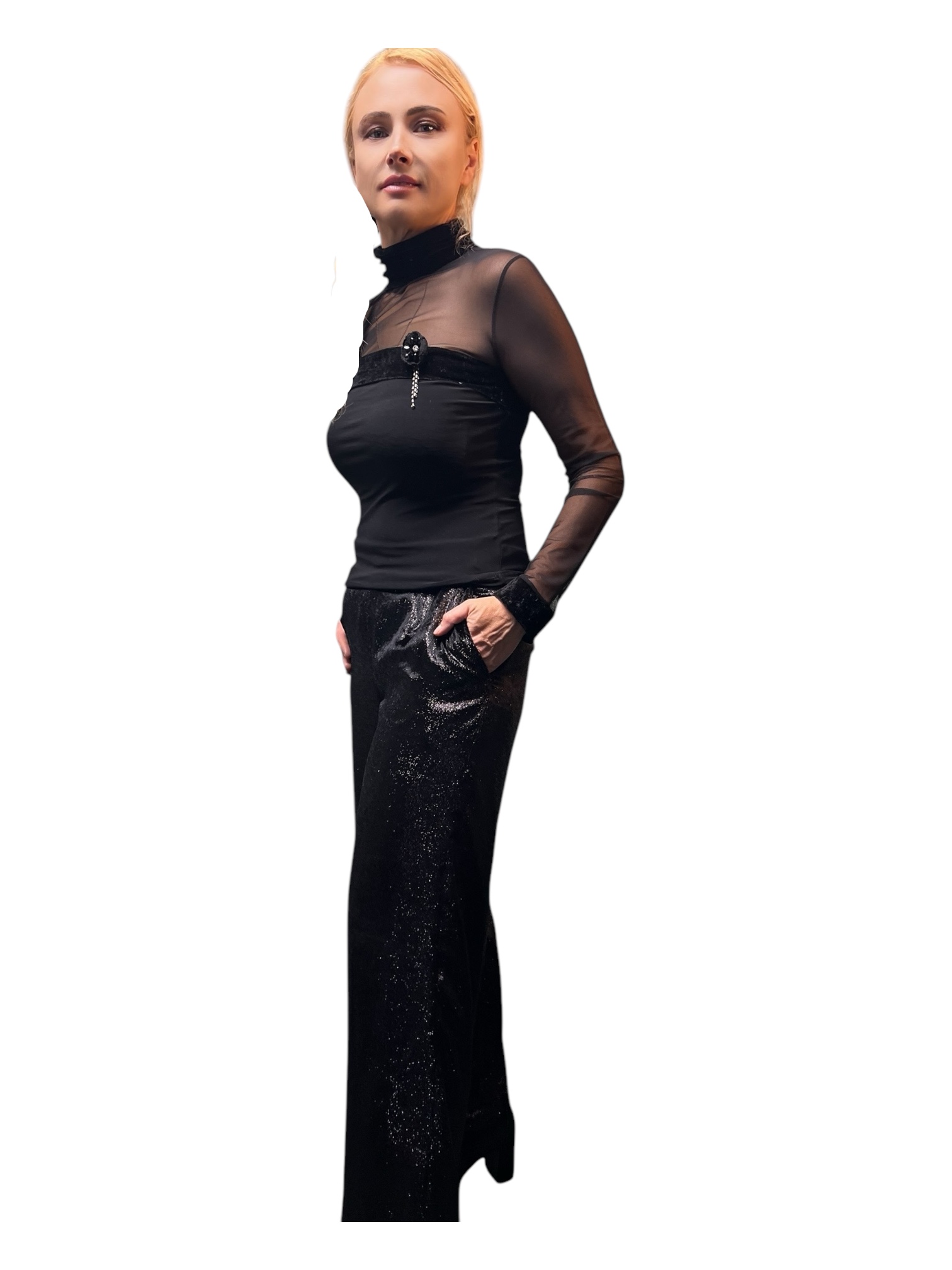 Classic Straight Metallic Velvet Black Pants