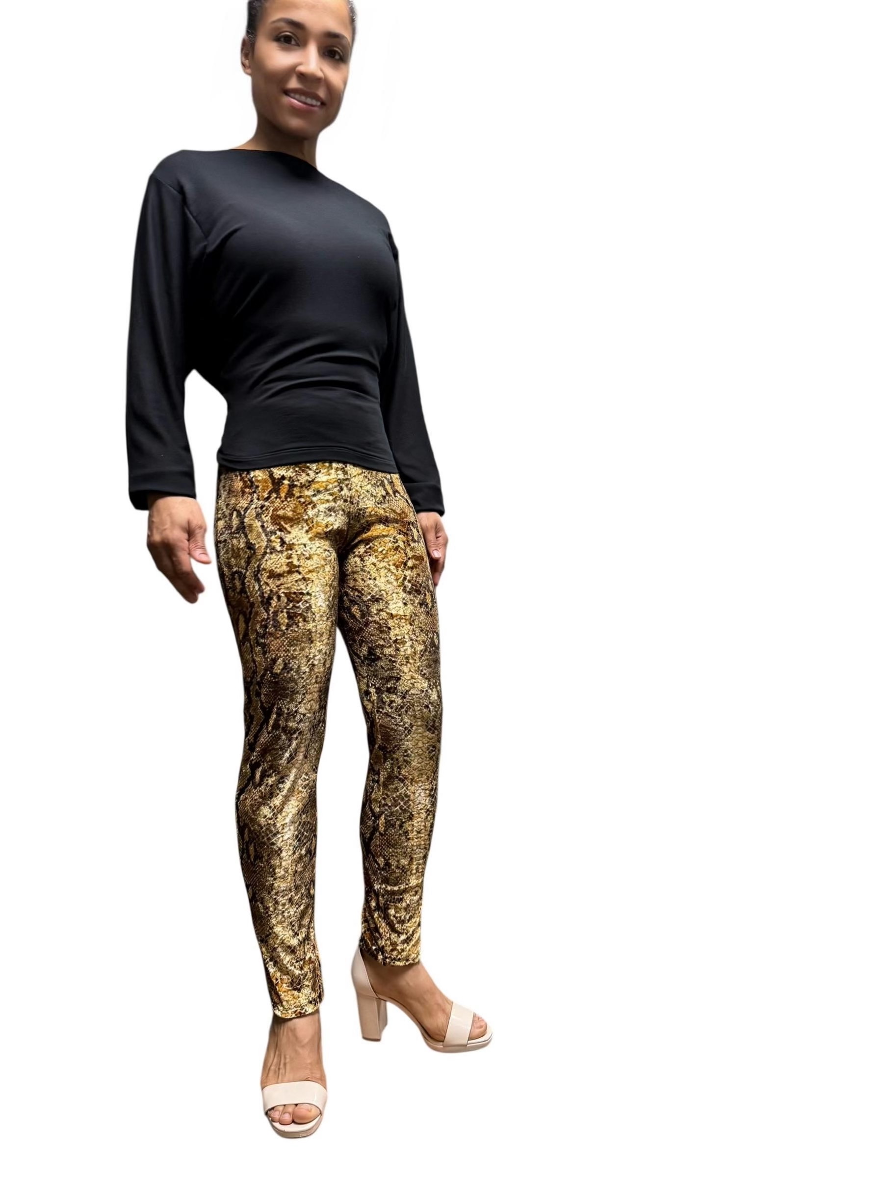 Gold Stretchy Velvet Snake Print Leggings